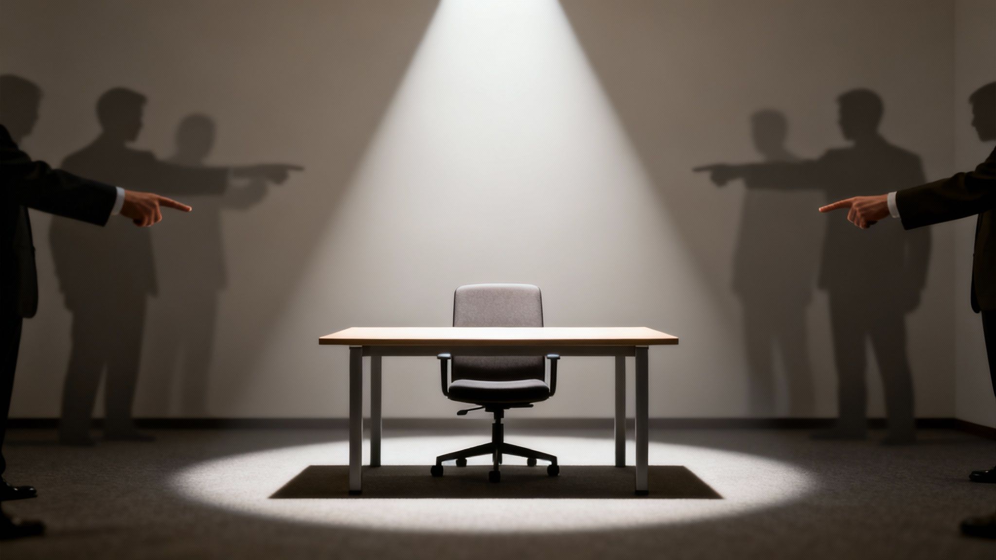 Empty office chair and desk under a spotlight with people's shadows pointing, signifying blame and pressure.