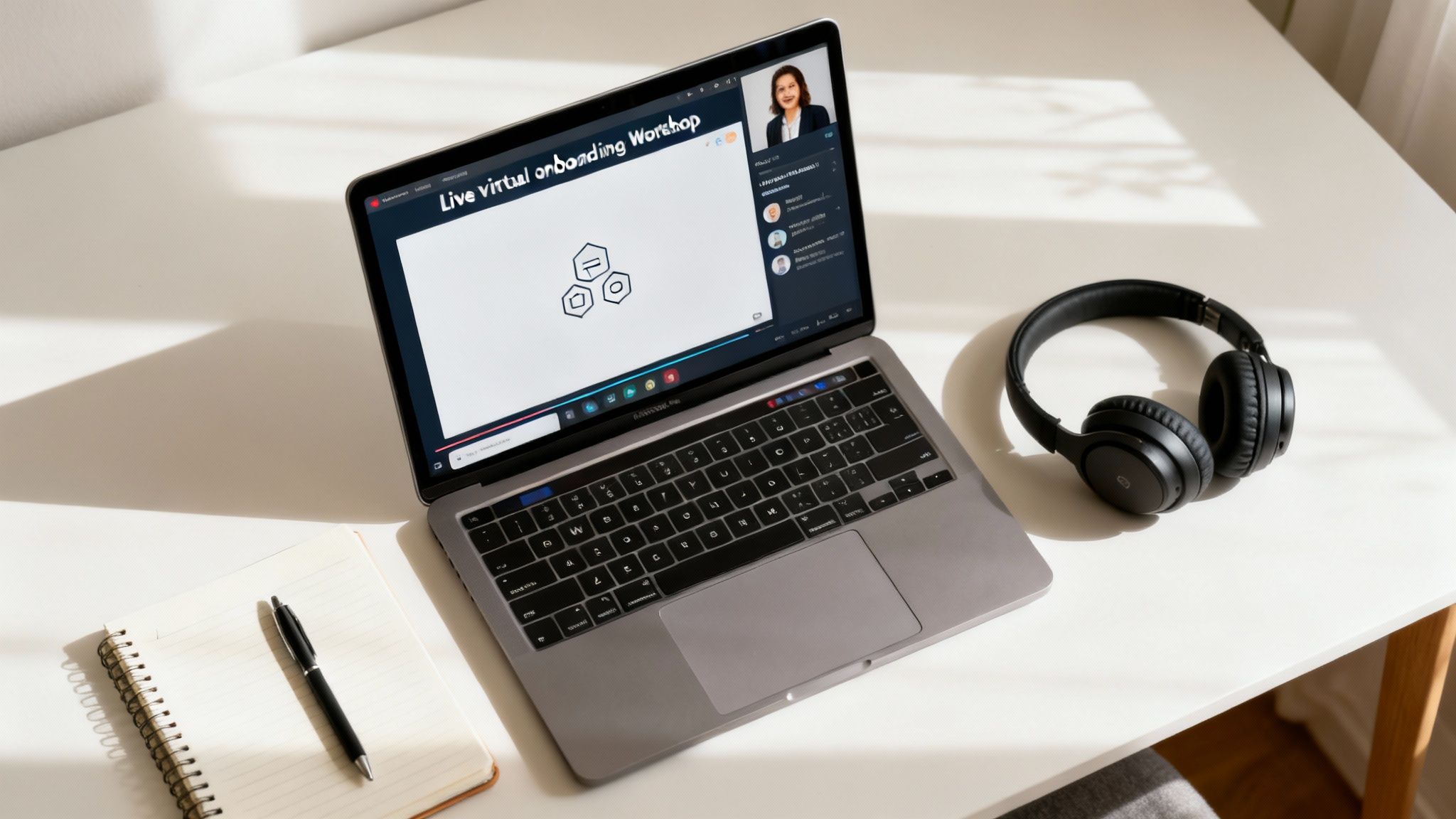 A laptop displaying a virtual onboarding workshop, headphones, notebook, and pen on a white desk.