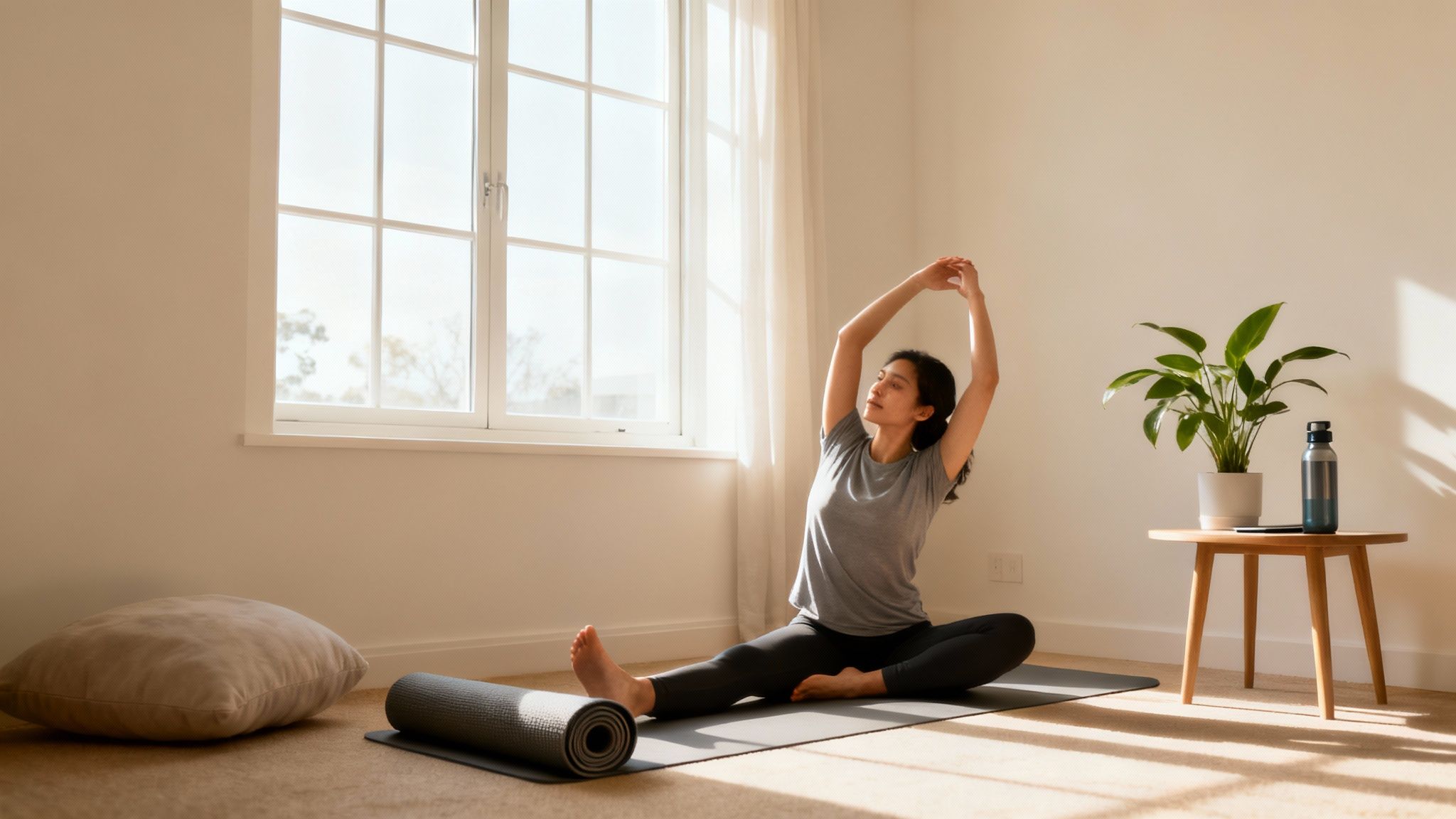 A person stretching and taking a break in their home office.