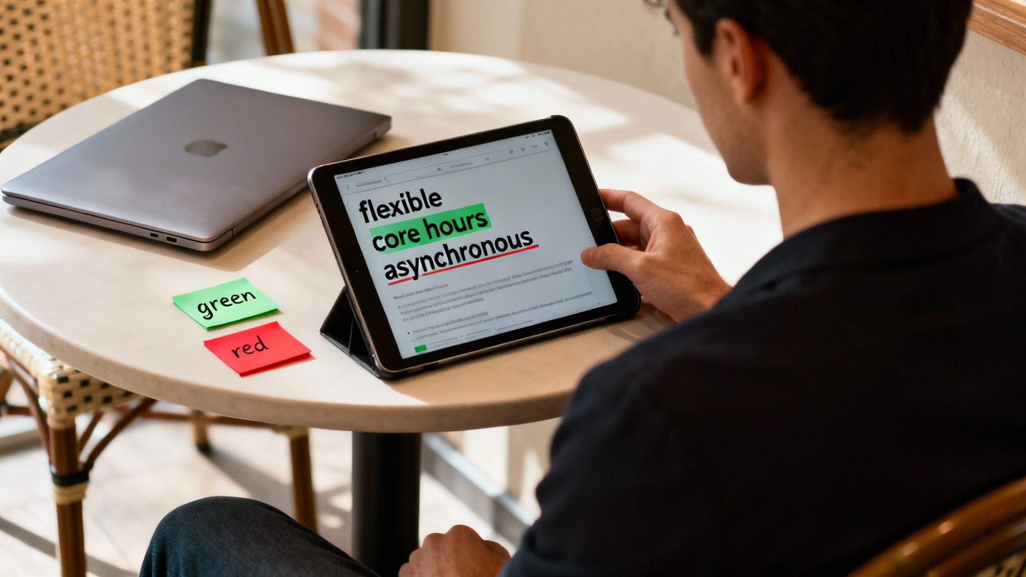 A person views a tablet showing 'flexible core hours asynchronous' text, with a laptop and sticky notes on a table.