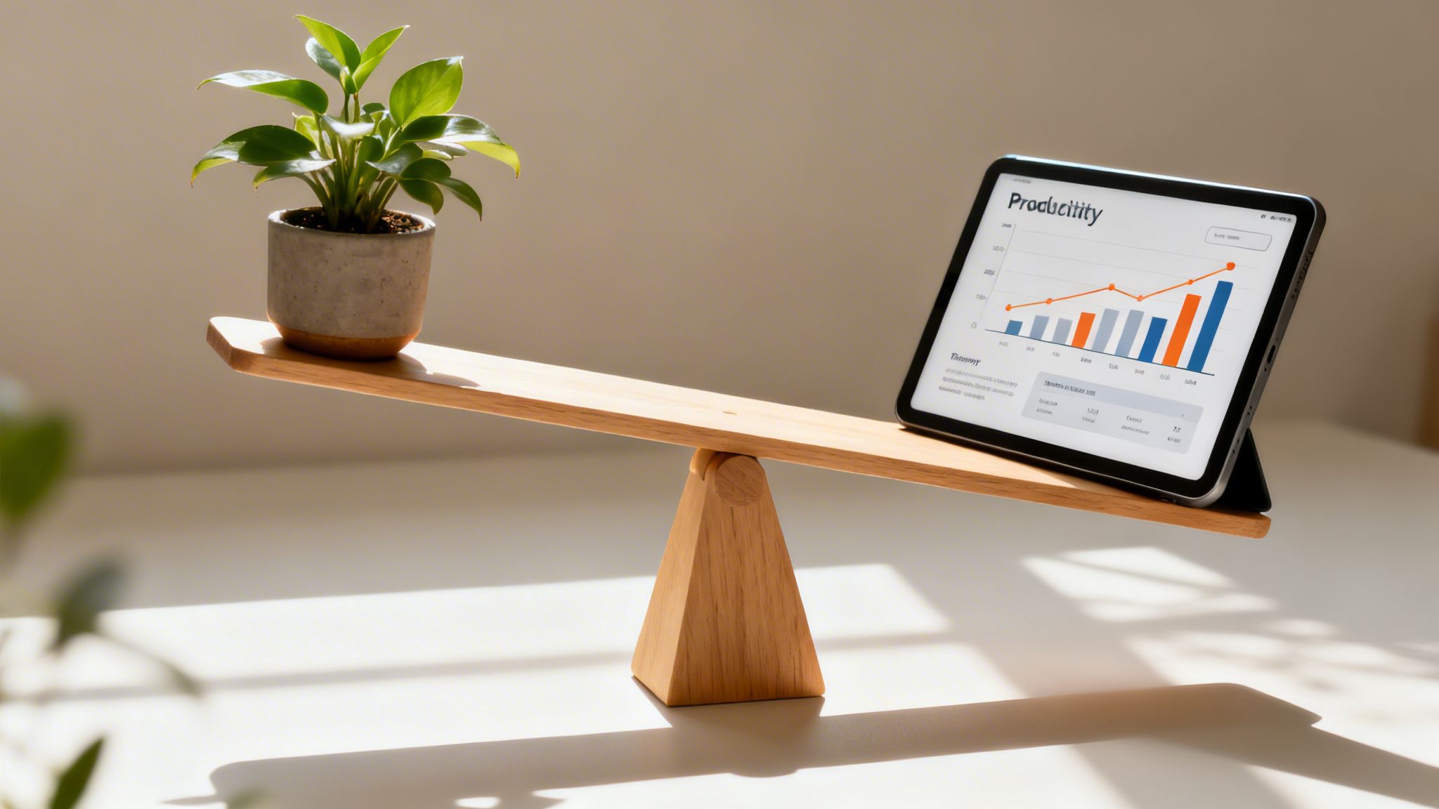 Work-life balance is depicted by a green plant and a tablet on a wooden balance scale.