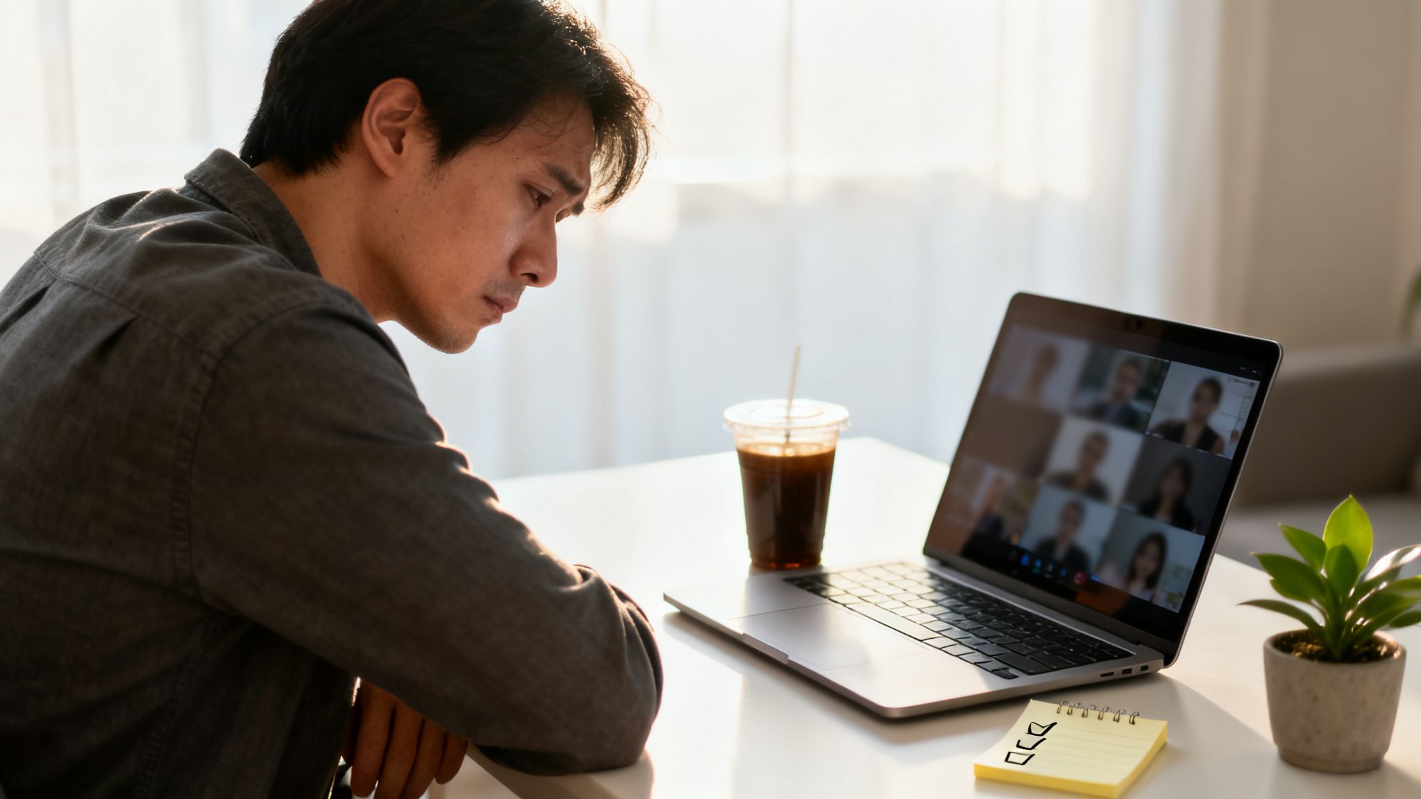 A man on a video conference call on his laptop with a cold drink and a checklist notepad.