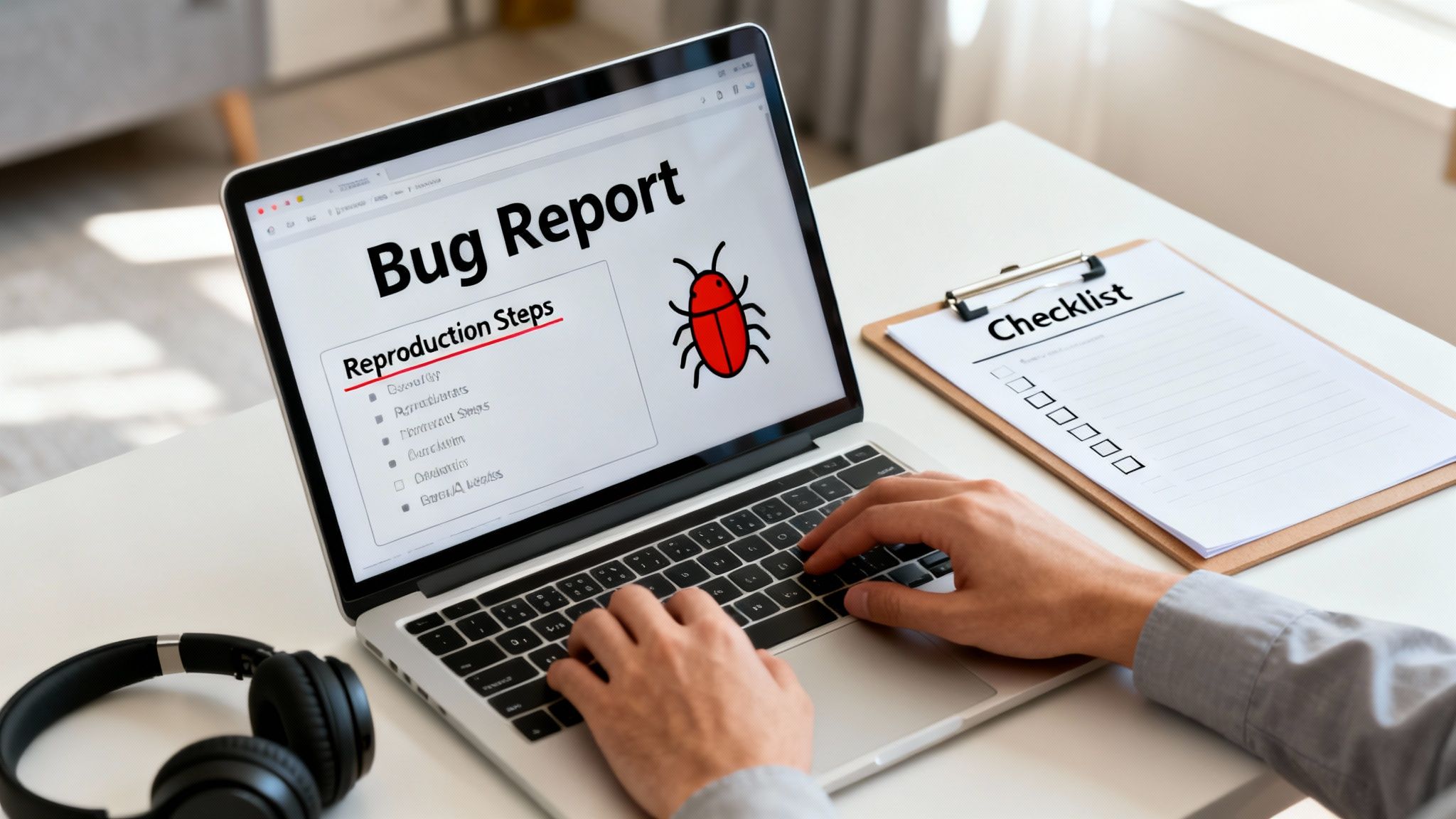 Hands typing a bug report on a laptop screen with a red bug icon and a checklist.