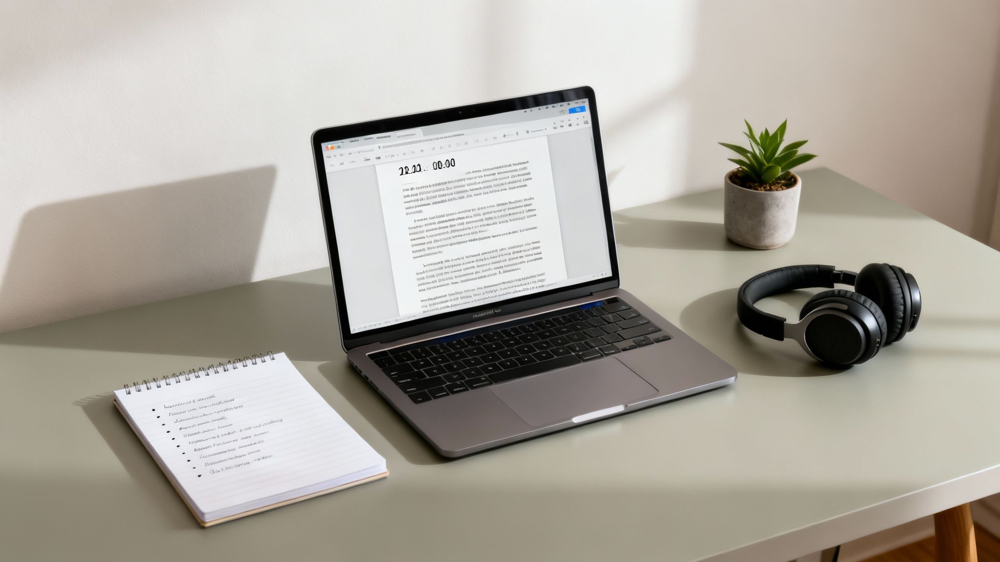 A minimalist remote work desk setup with a laptop, notebook, headphones, and a small plant.