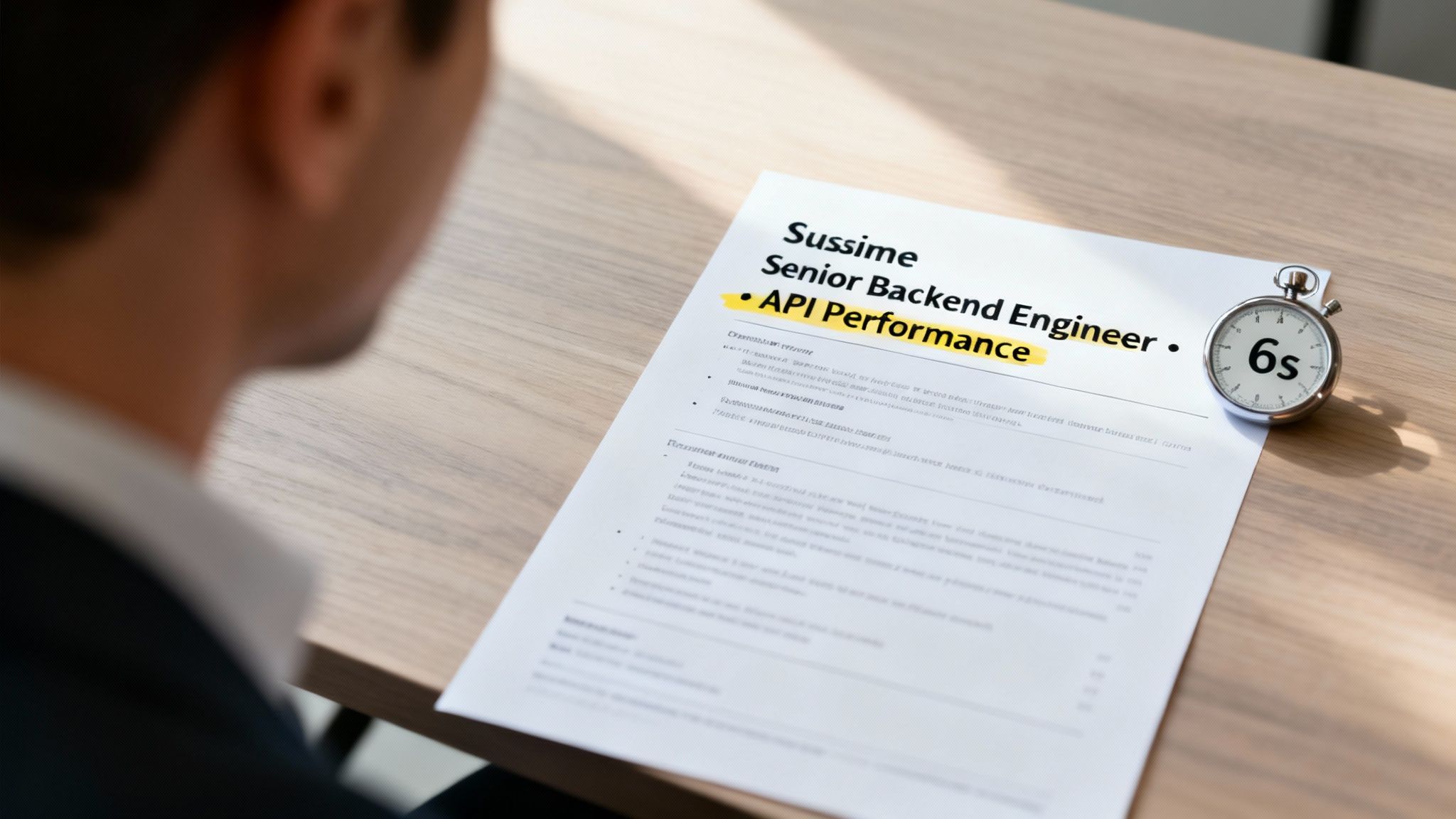 A person reviews a resume for a Senior Backend Engineer role, highlighting API Performance, with a 6-second stopwatch.