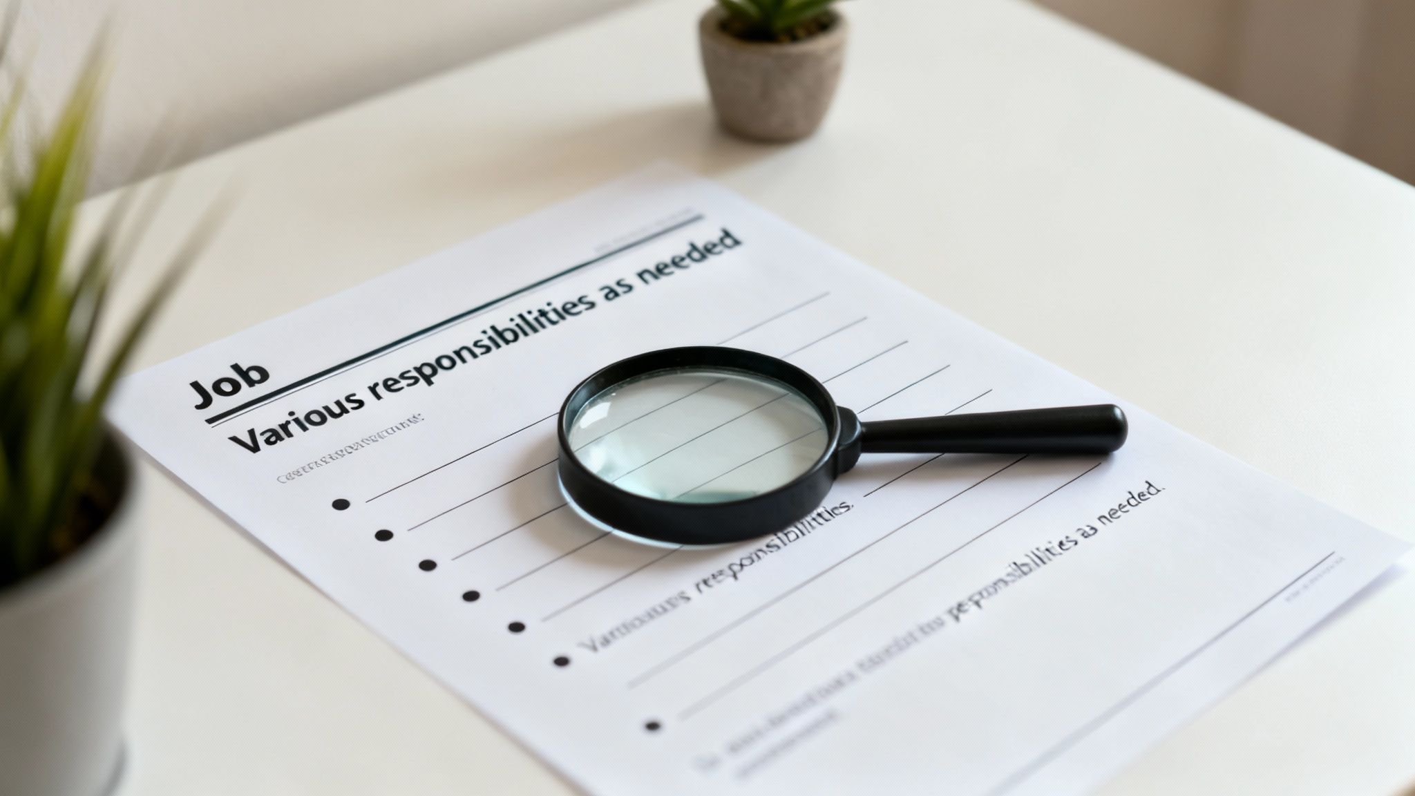 A magnifying glass lies on a document titled 'Job' listing 'Various responsibilities as needed'.