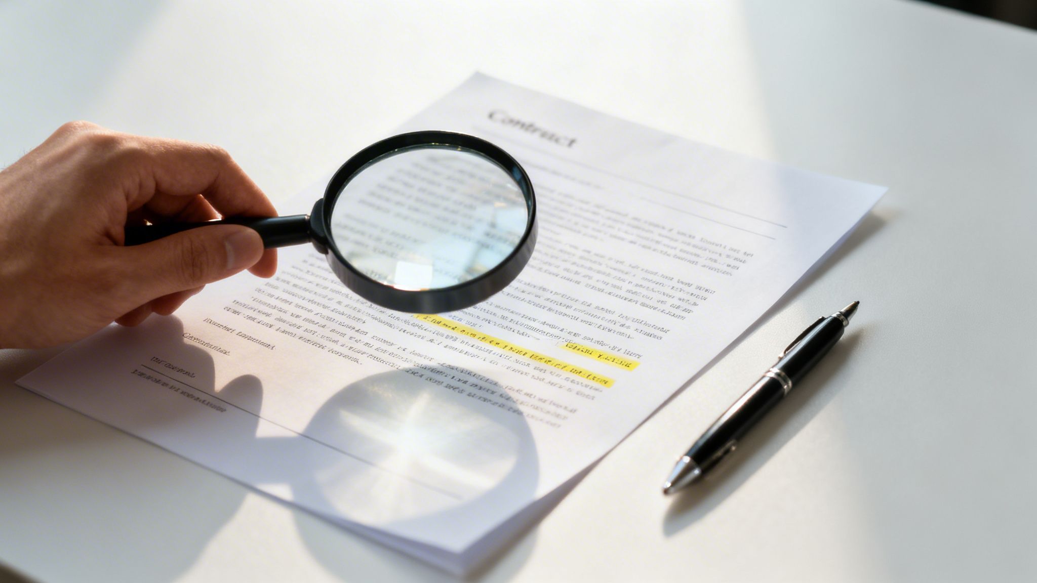 A hand uses a magnifying glass to carefully review a contract document with highlighted sections.