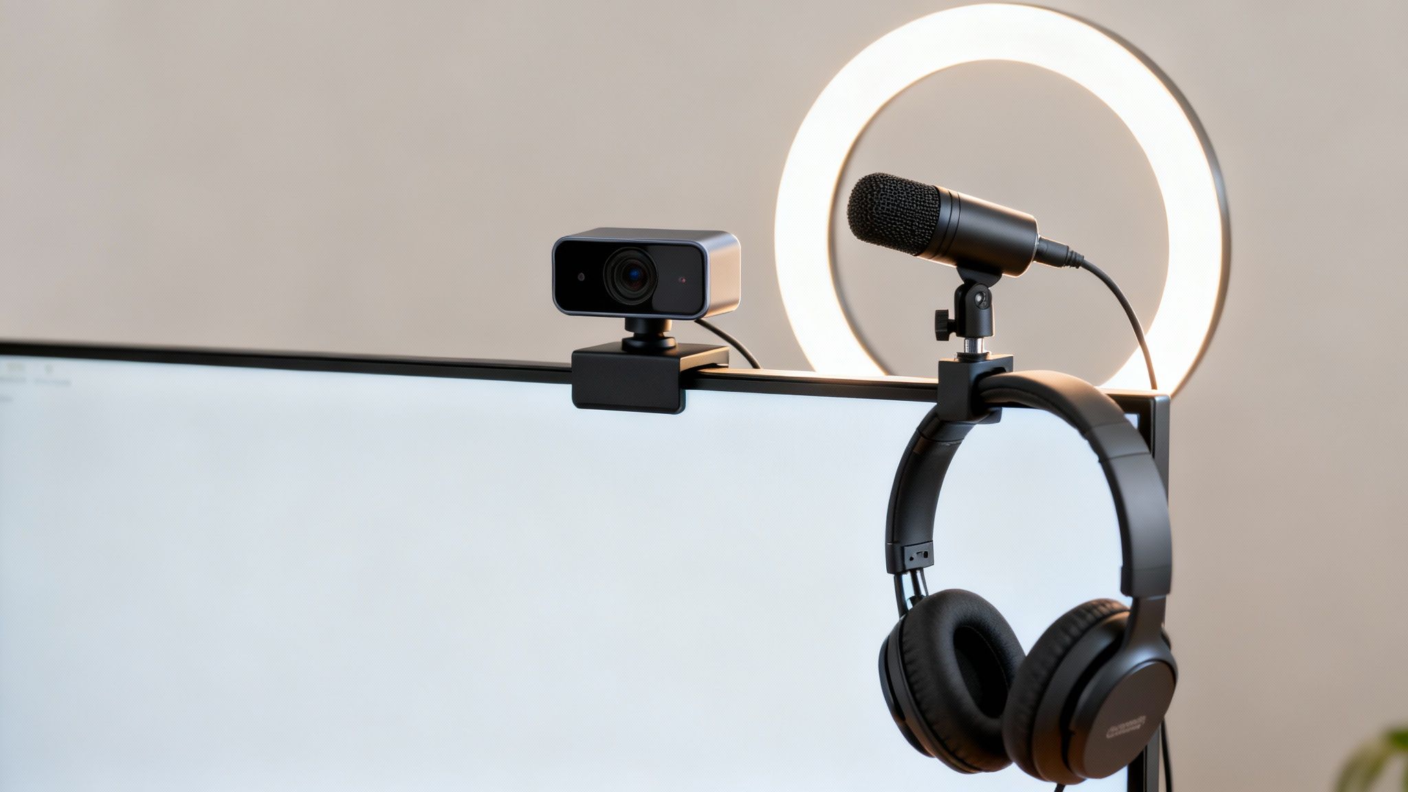 A dual-monitor setup with an ergonomic mouse and keyboard