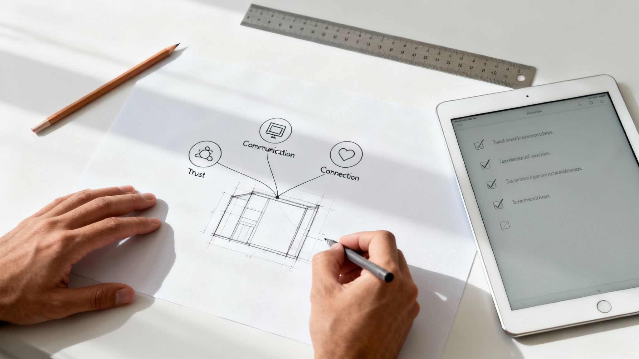A group of diverse remote workers collaborating on a digital blueprint, symbolizing the intentional design of a remote culture.