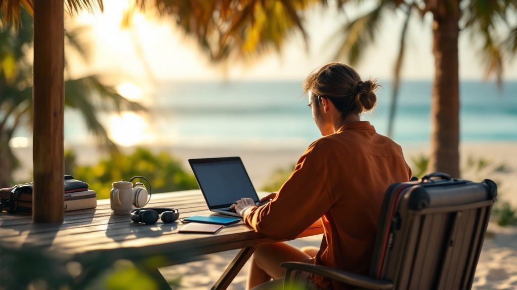 A digital nomad working on a laptop with a scenic travel background.