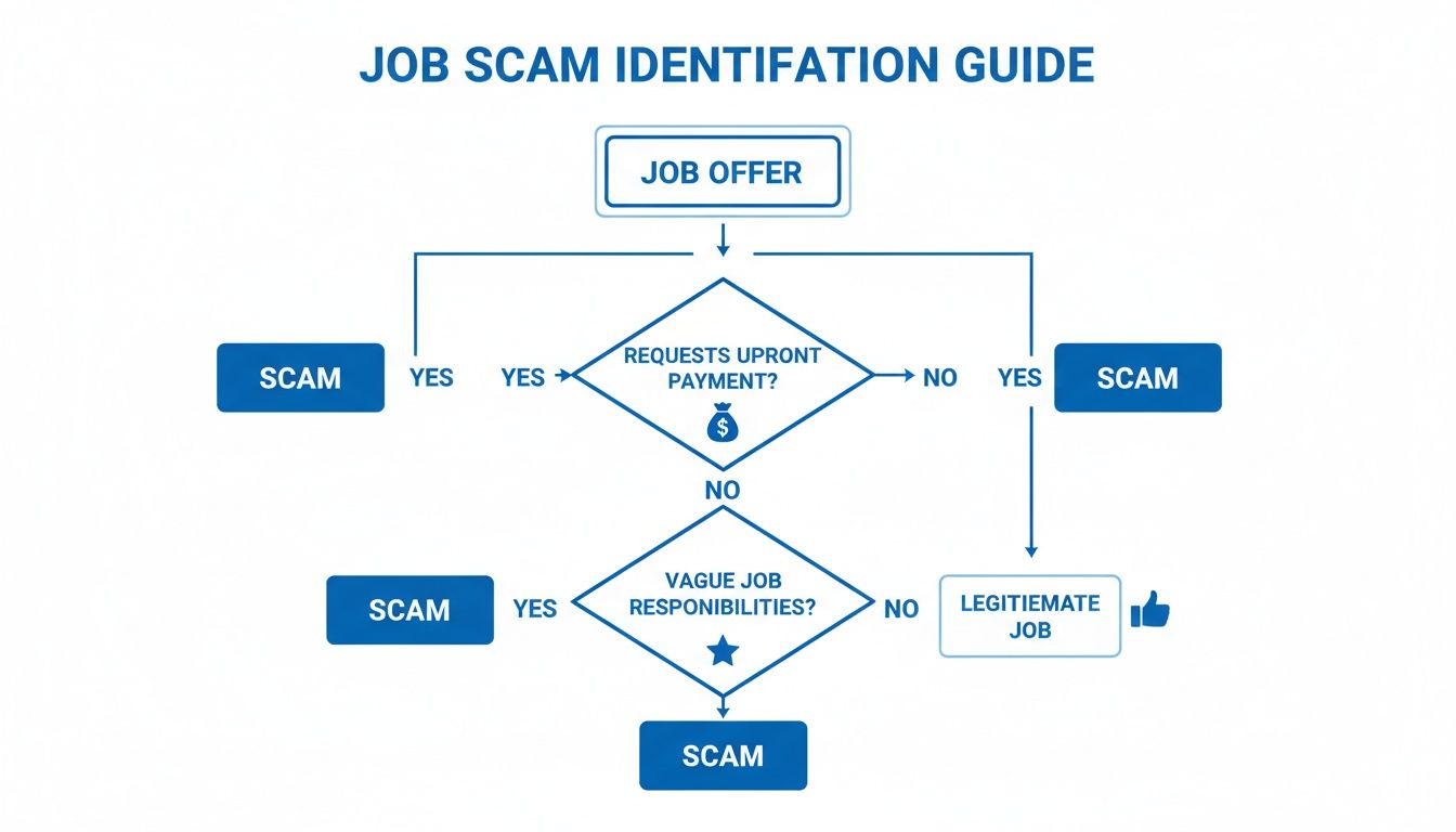 Flowchart illustrating how to identify job scams based on upfront payment requests and vague job responsibilities.