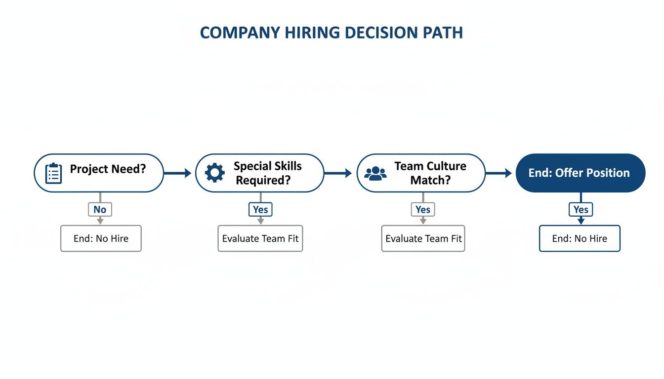 A flowchart outlining a company's hiring decision-making process, from project needs to job offer.