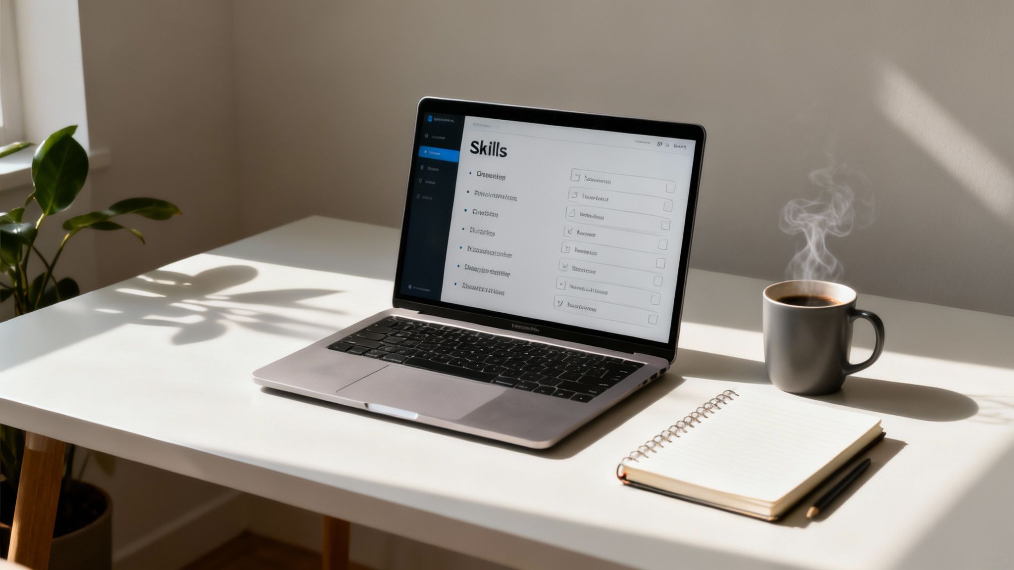 A person working on a laptop at a neat home office desk, with a window showing a calm outdoor scene.