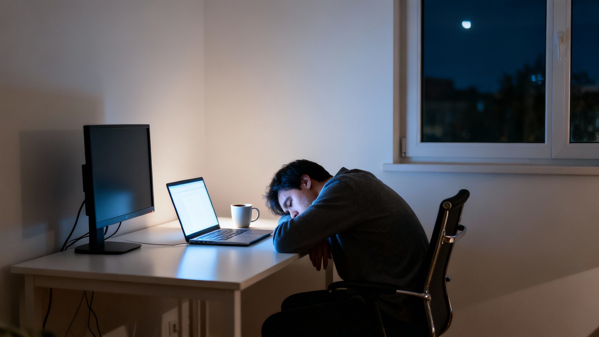 Overworked person asleep on desk with laptop and monitor, symbolizing remote work fatigue late at night.