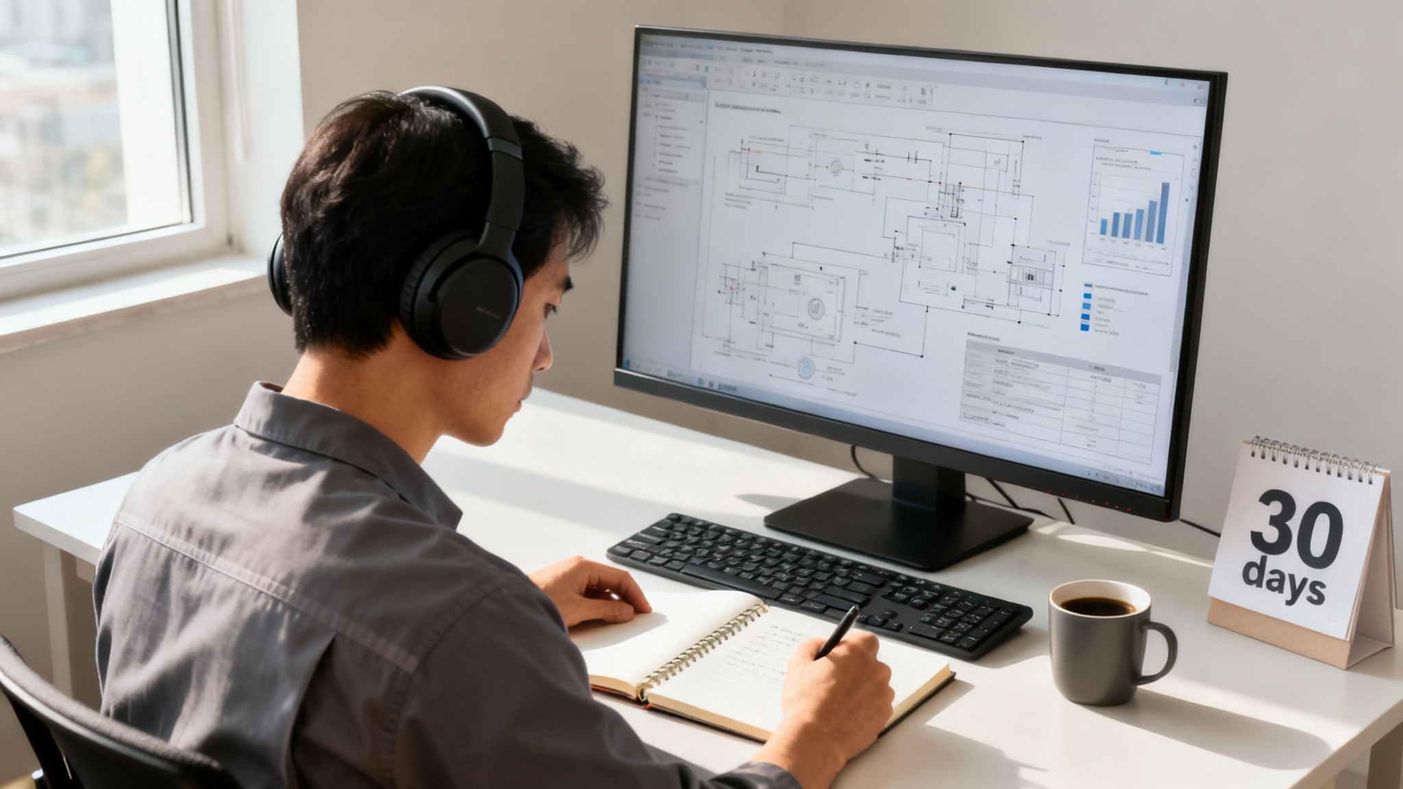 Young man in headphones working on computer with technical diagrams, writing in a notebook at his desk.