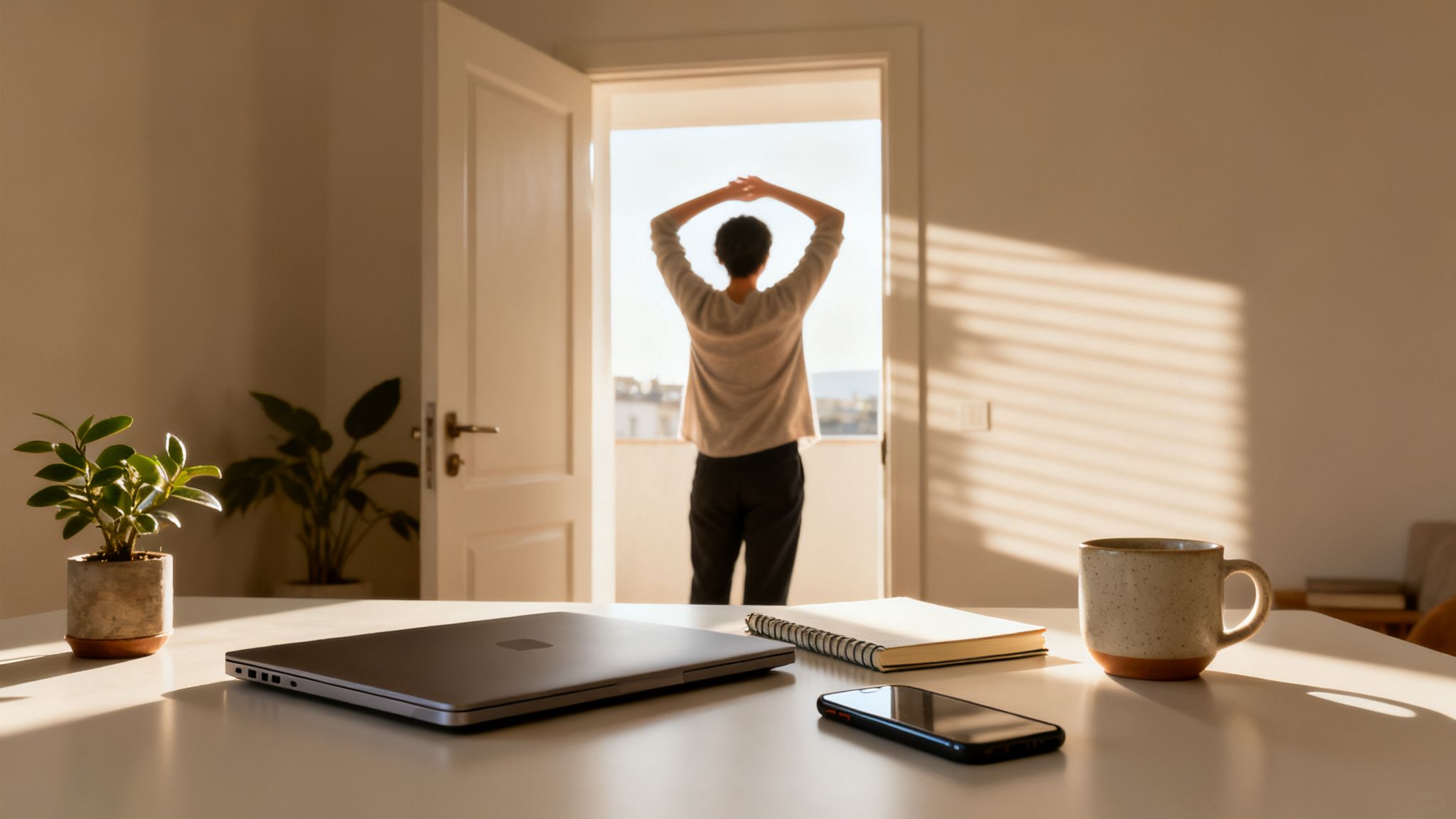 A person stretches in a sunlit doorway, overlooking a city view, with a laptop and coffee on a desk in the foreground.