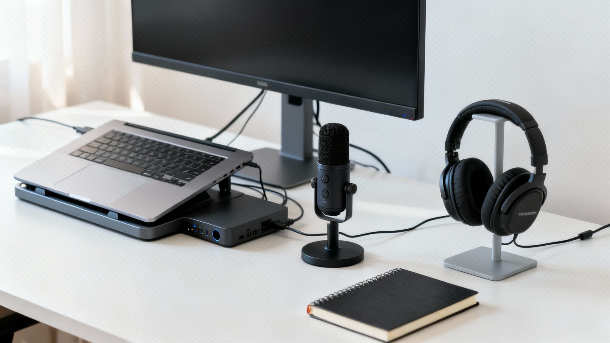 Person working at a well-equipped home office desk with multiple monitors