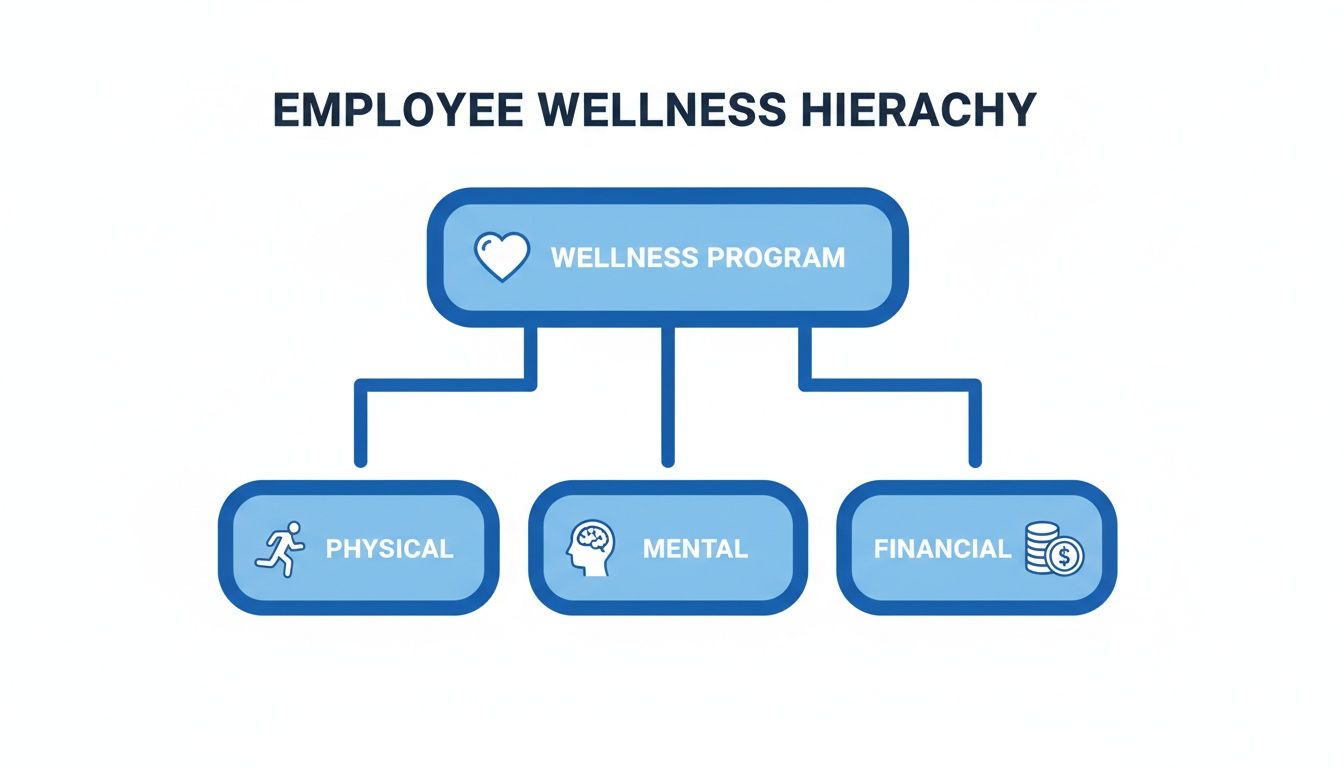 Diagram illustrating an employee wellness program hierarchy, including physical, mental, and financial components.