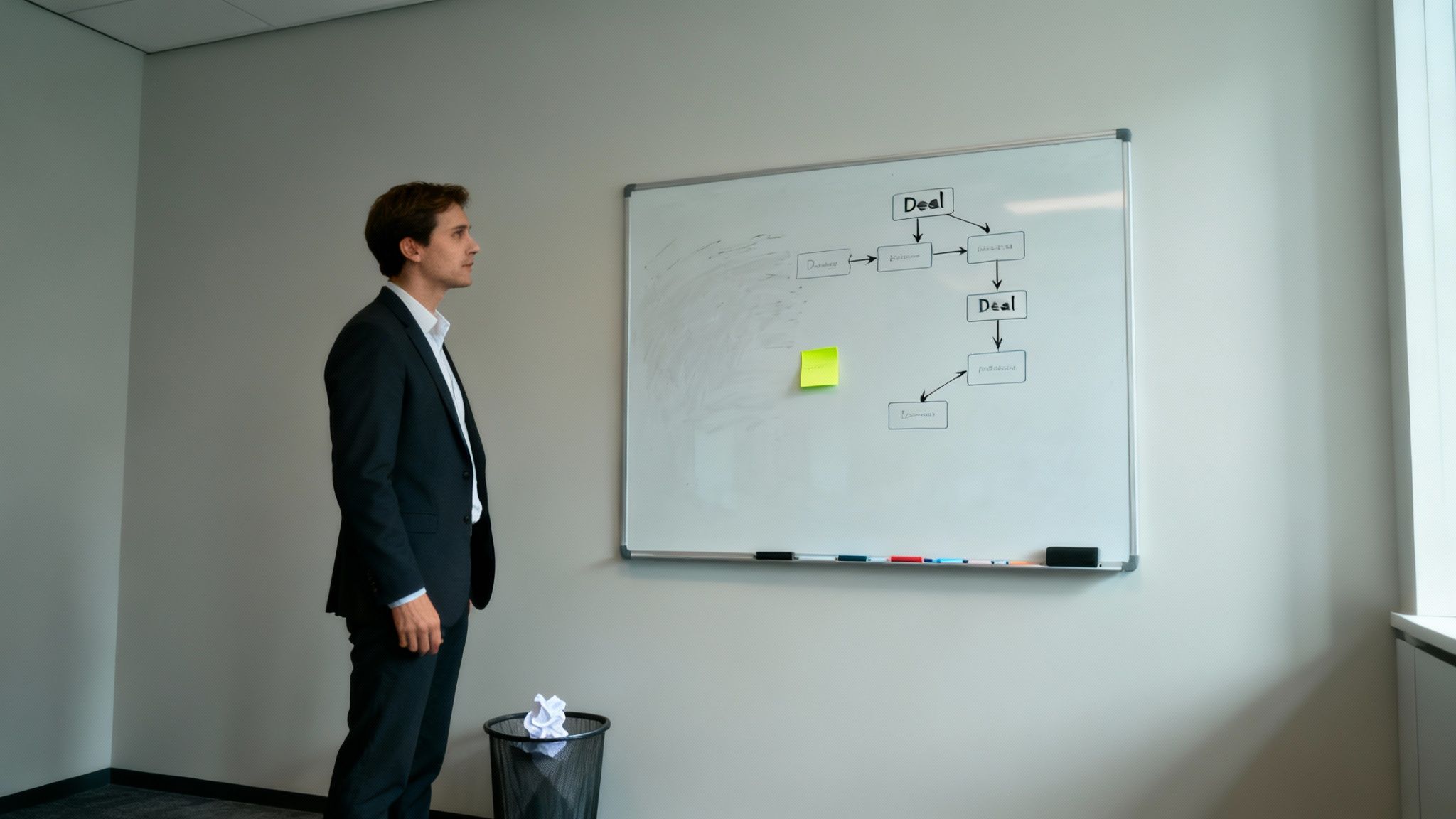 Professional businessman in suit analyzing sales process flowchart diagram on office whiteboard