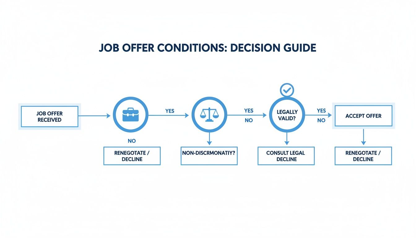 Flowchart illustrating the decision guide for job offer conditions, from reception to acceptance or decline.