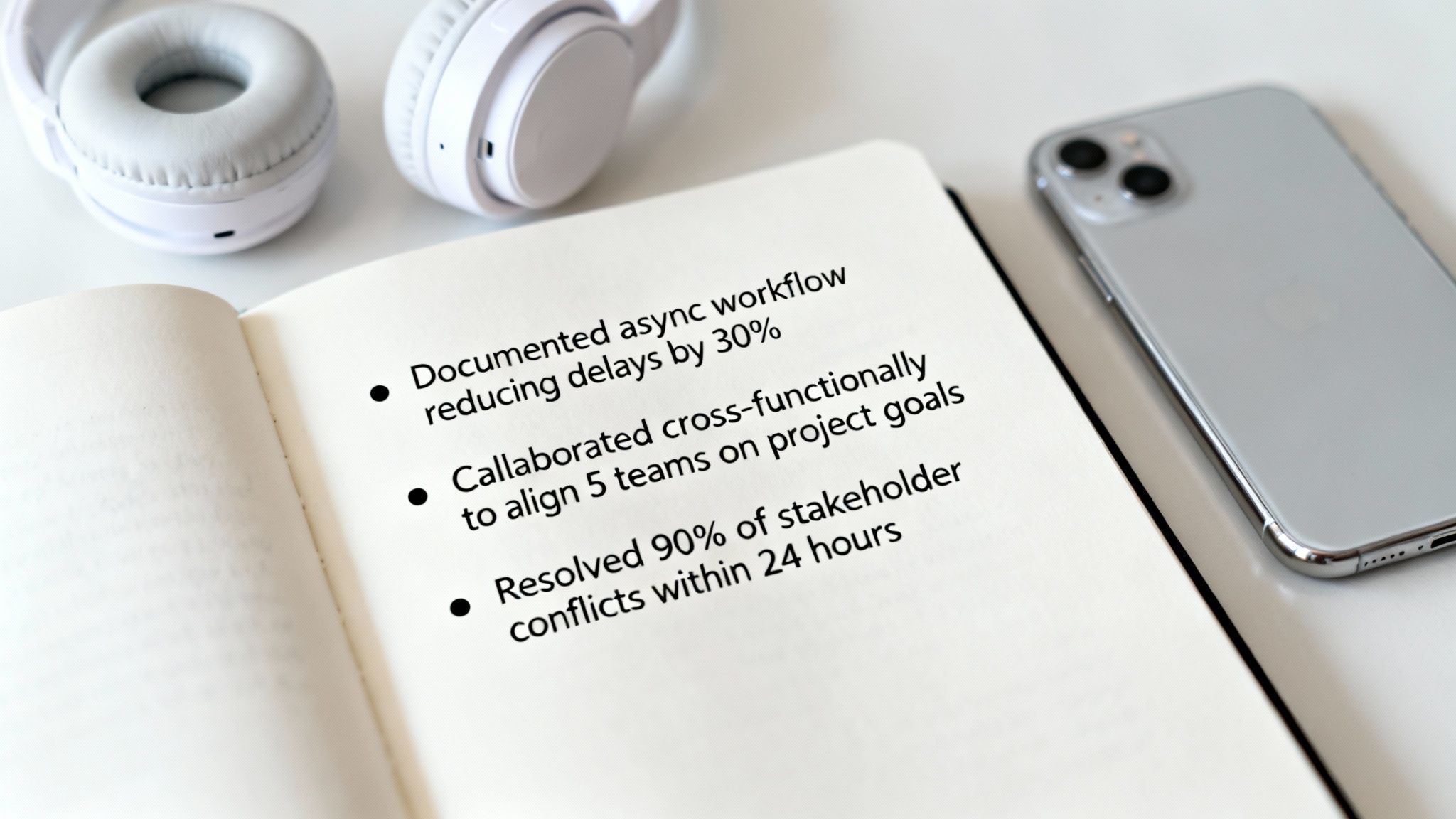 Professional achievement bullet points in notebook with headphones and smartphone on desk
