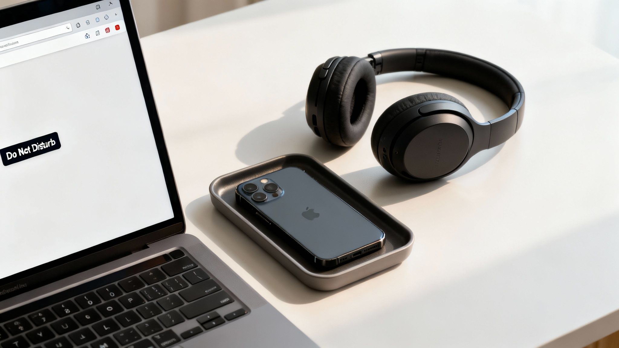 Laptop, headphones, and iPhone on a desk for a focused work-from-home setup.