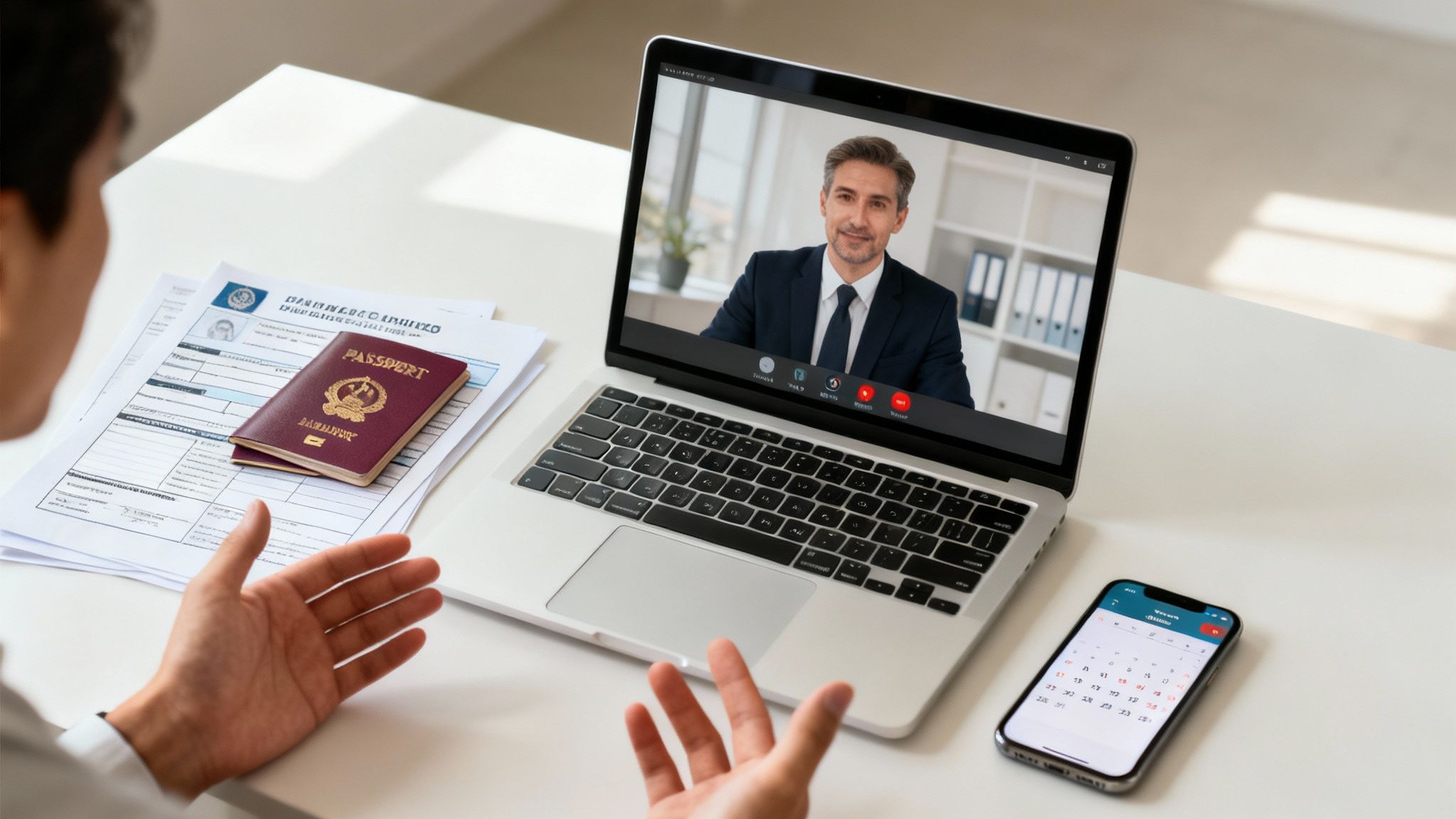 Person on video call discussing international remote work, with a passport and documents on a desk.