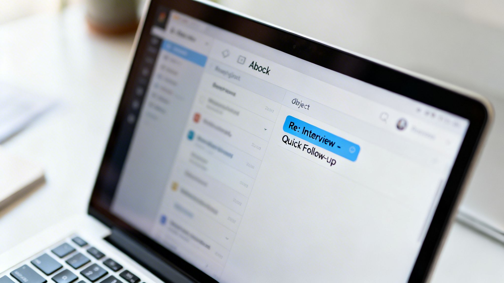 A laptop screen shows an email with the subject 'Re: Interview - Quick Follow-up' in an email client.