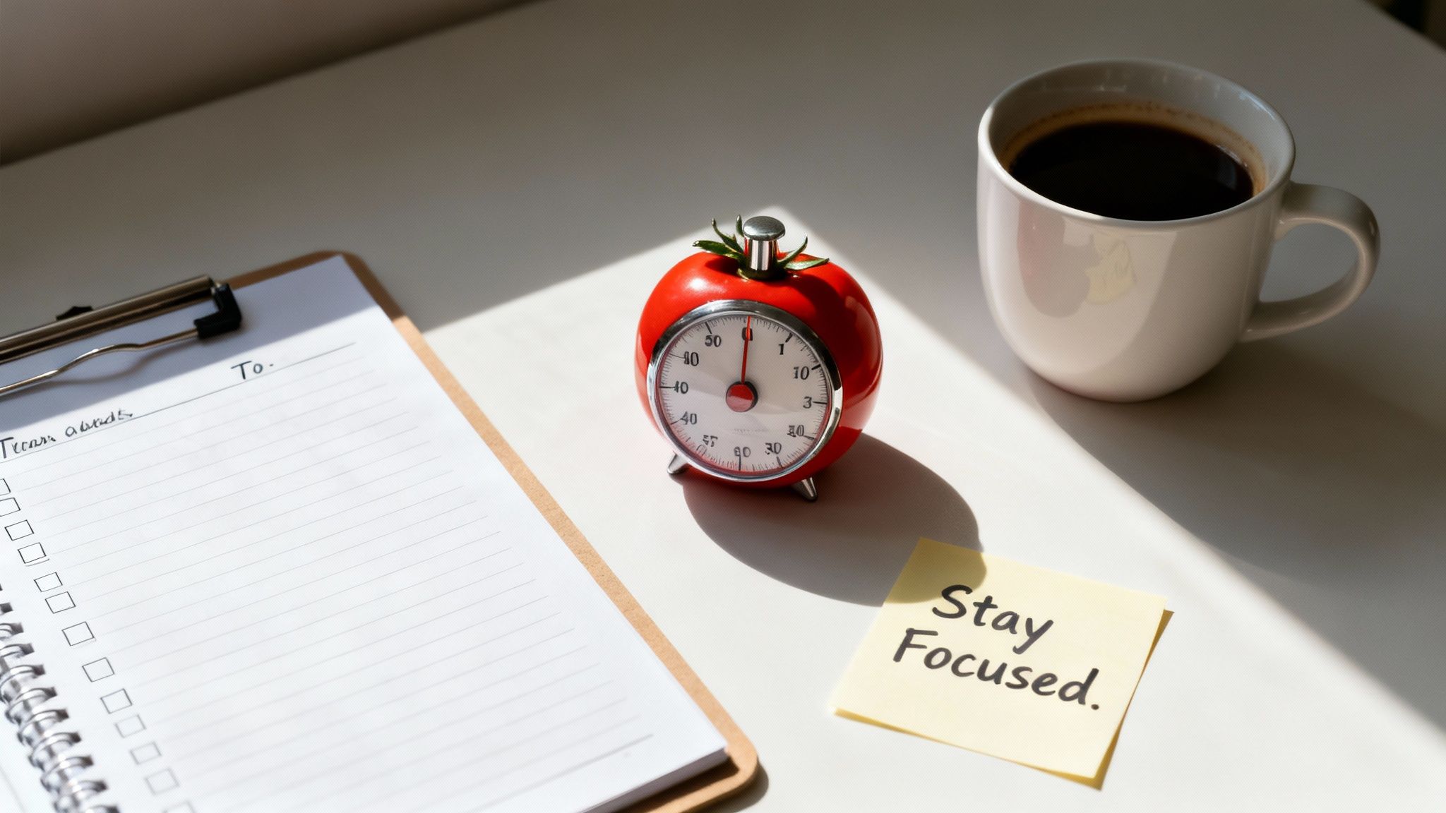 A desk with a checklist, coffee, tomato timer, and 'Stay Focused' note for productivity.