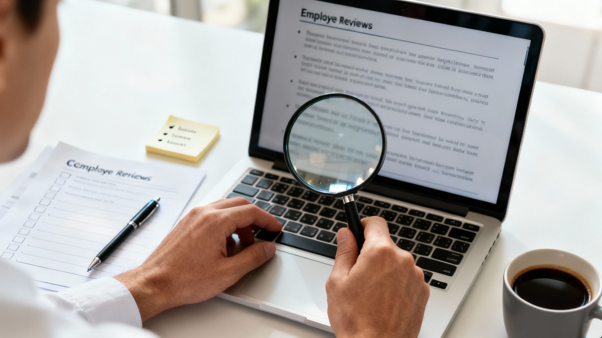 Person scrutinizing 'Employee Reviews' on a laptop with a magnifying glass, typing, with paperwork and coffee nearby.