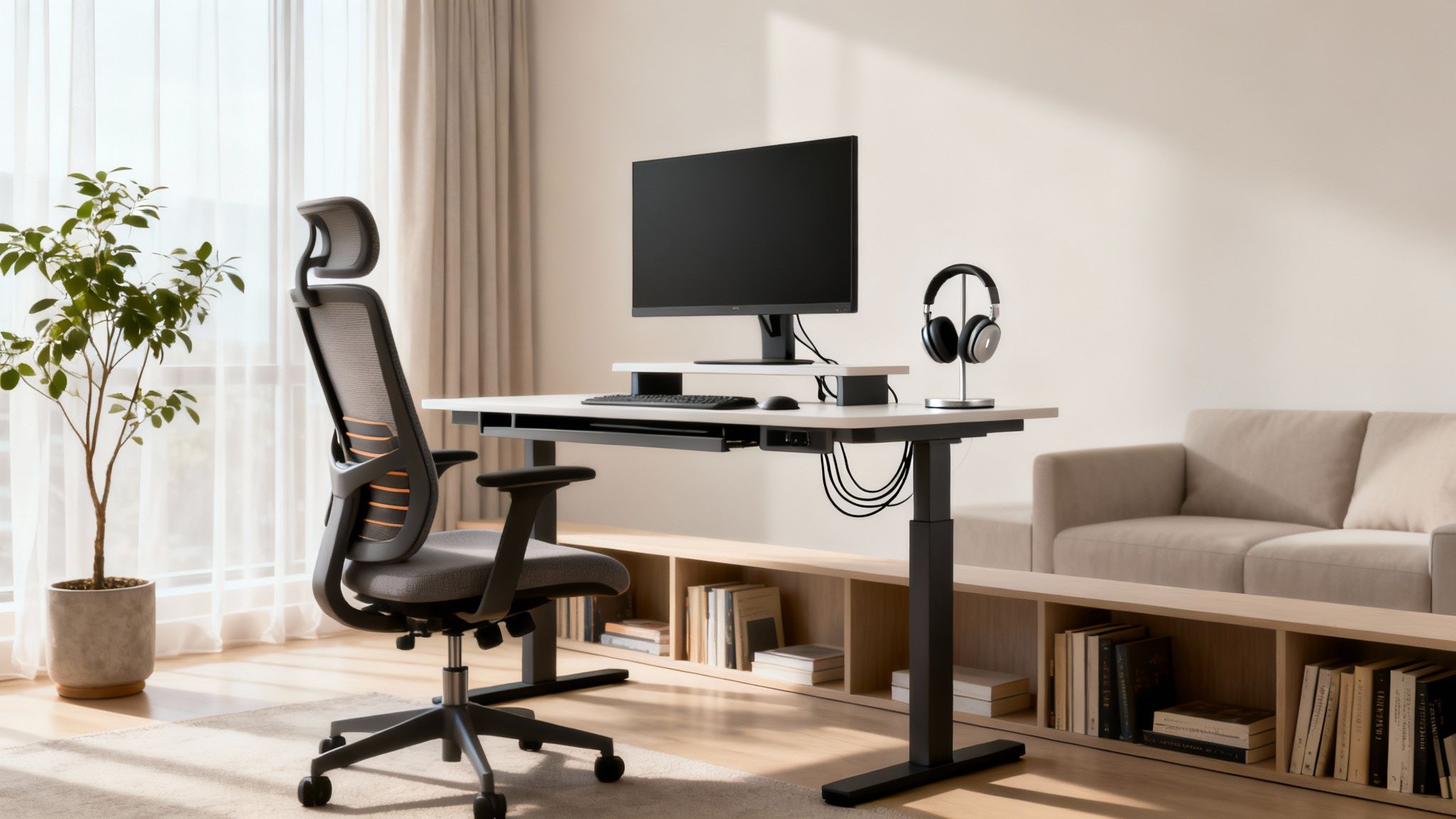A modern home office setup featuring an ergonomic chair, standing desk, monitor, and green plant.