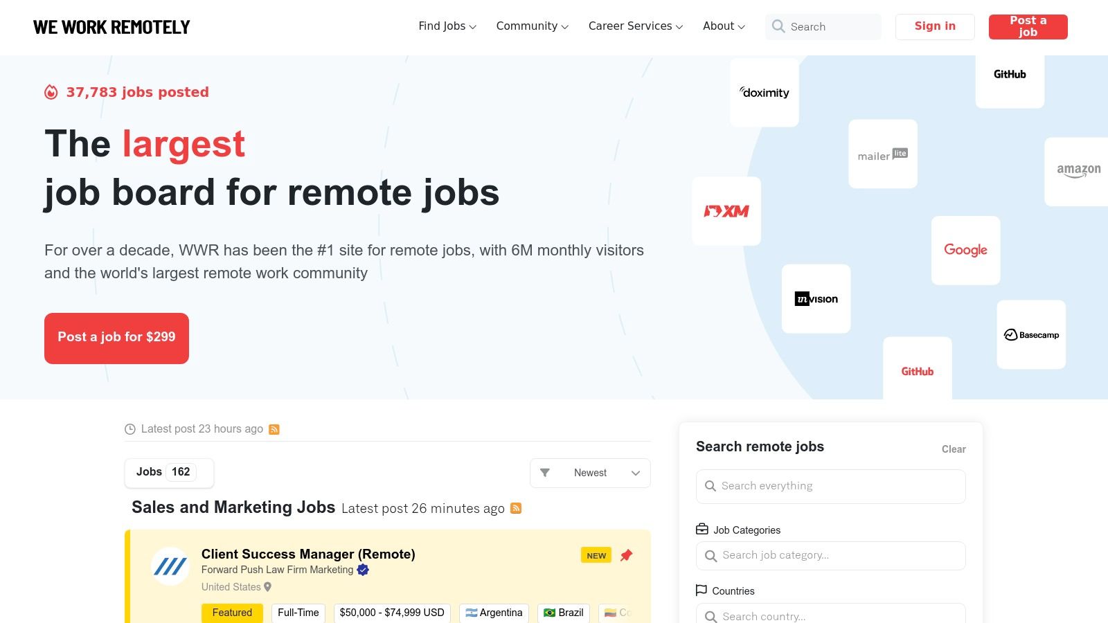 We Work Remotely (WWR) job search interface with featured jobs and category filters