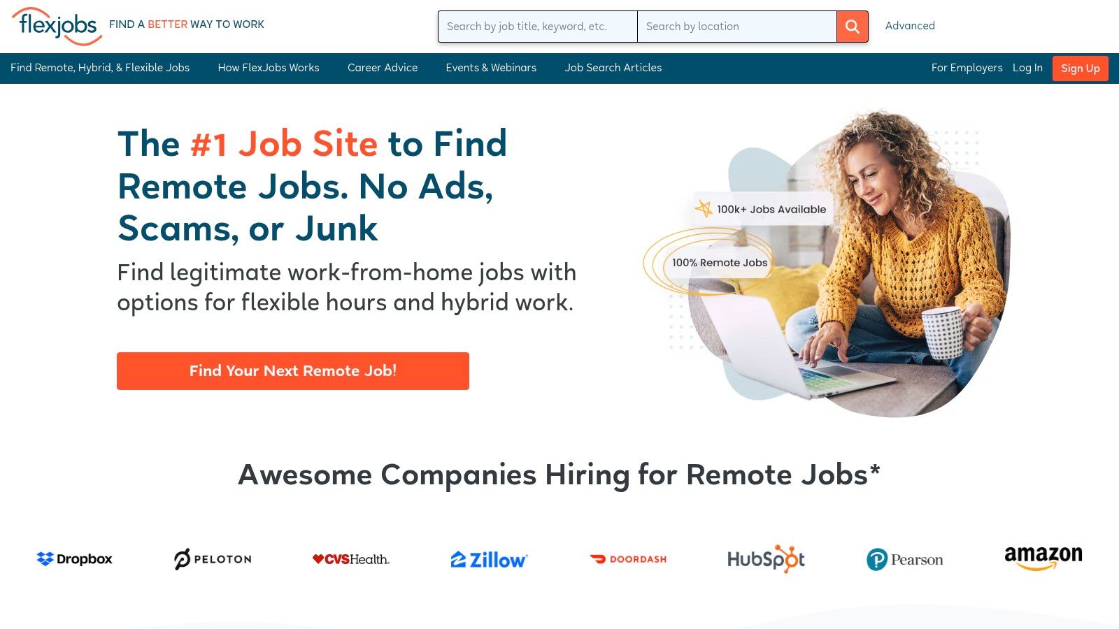 FlexJobs remote job search interface showing various job listings and filters