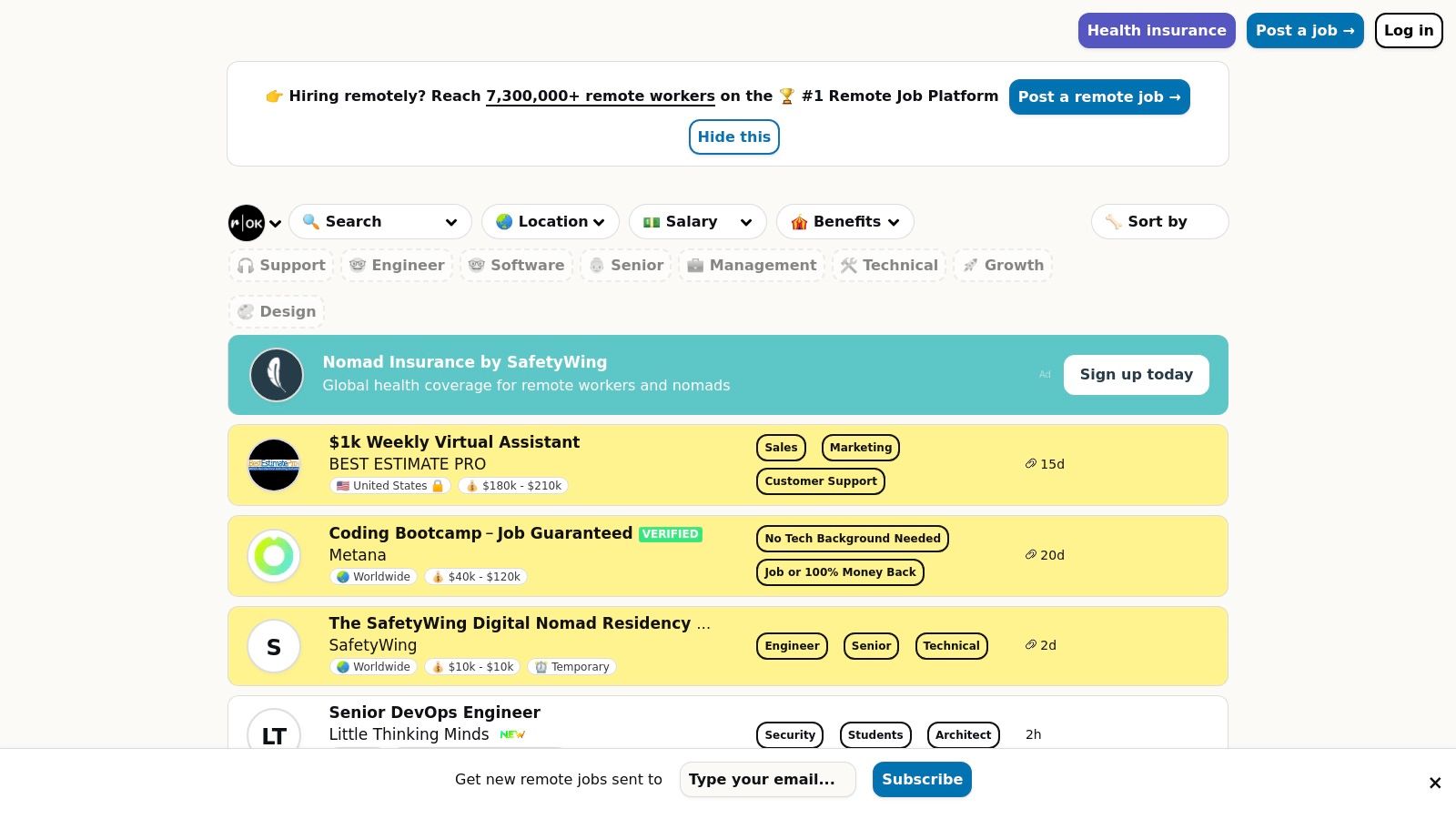 Remote OK job search interface showcasing tech-focused roles and filters