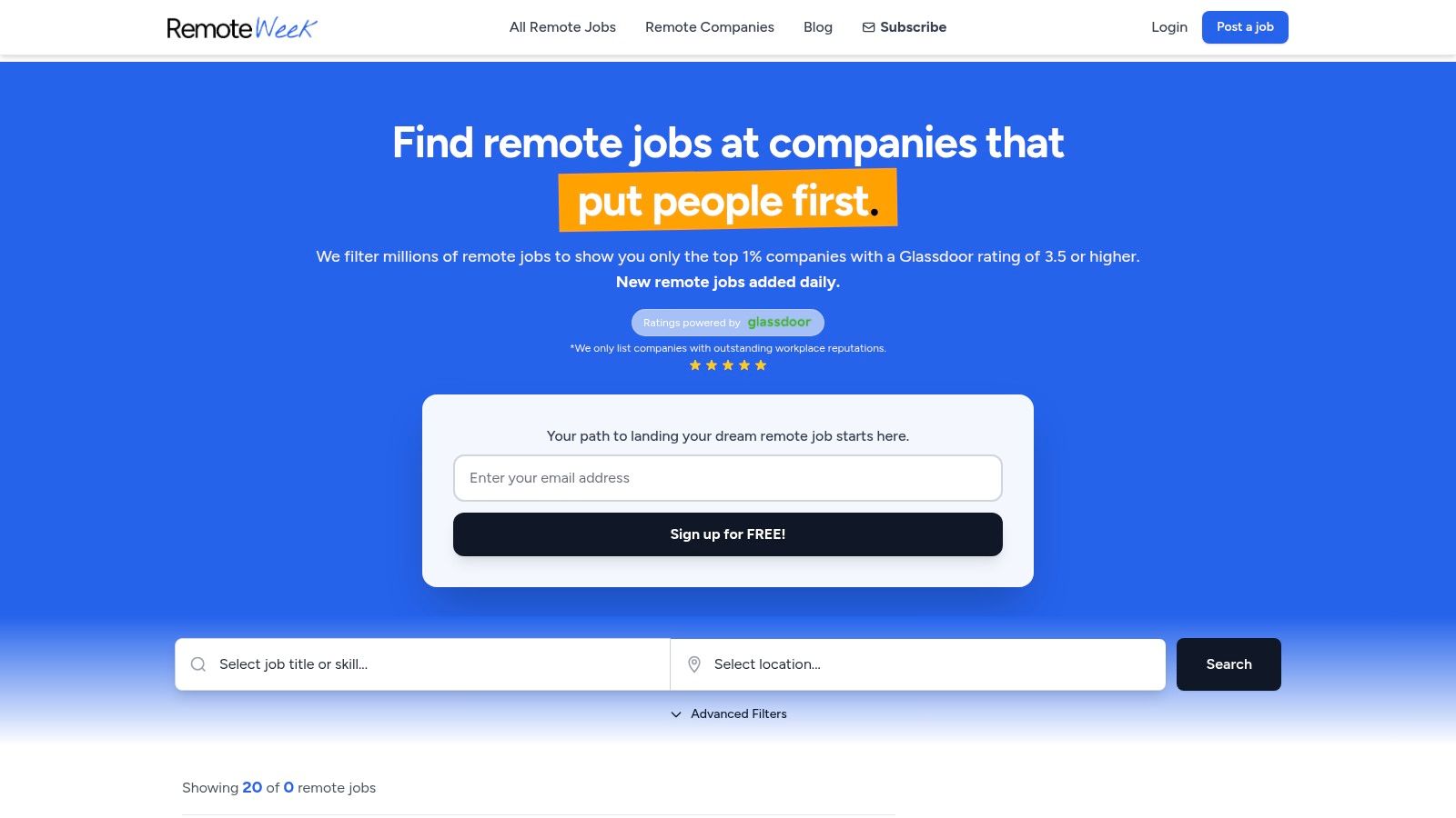 A screenshot of the RemoteWeek job board interface, showing a clean layout with job listings and filter options.