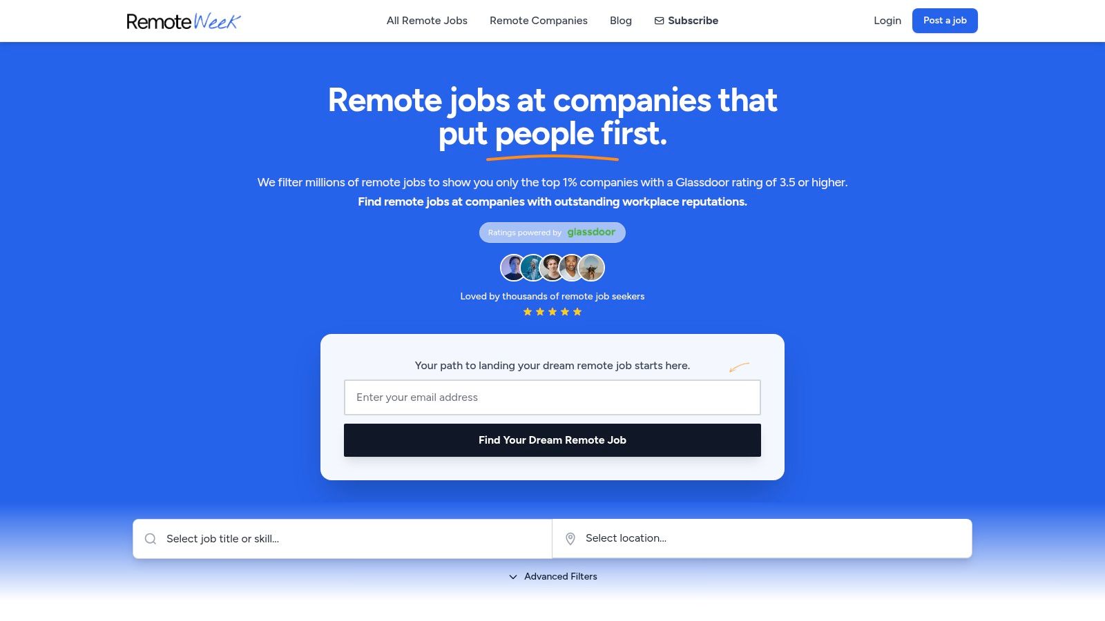 A screenshot of the RemoteWeek website showing a search interface for remote jobs, with filters for job function, location, and keywords, and a list of job postings from various companies.