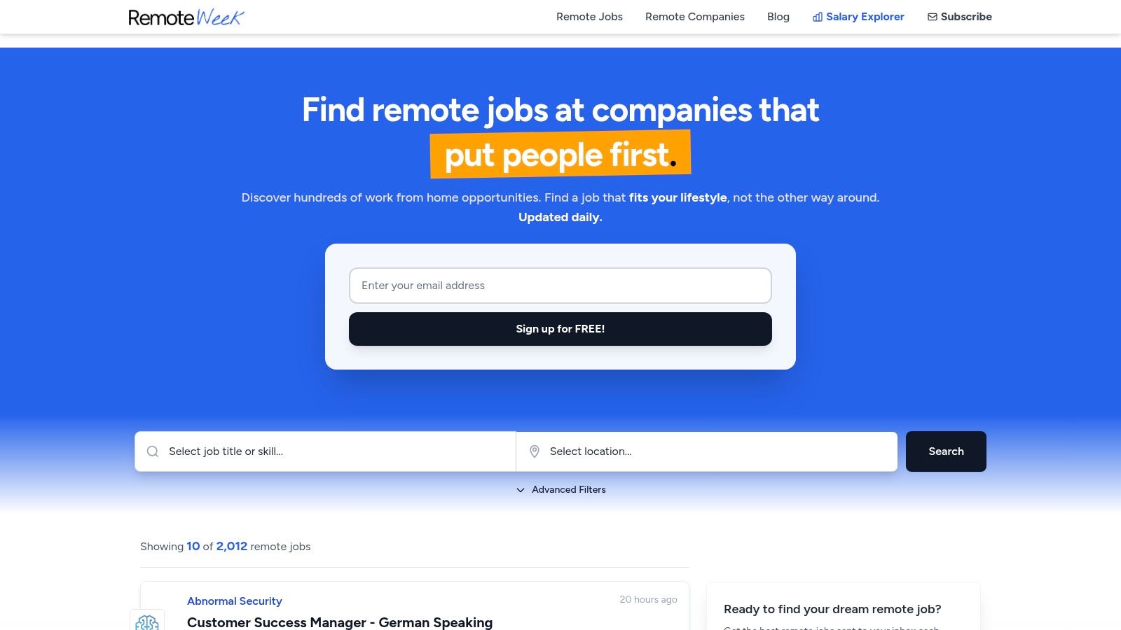 RemoteWeek homepage showcasing remote job listings