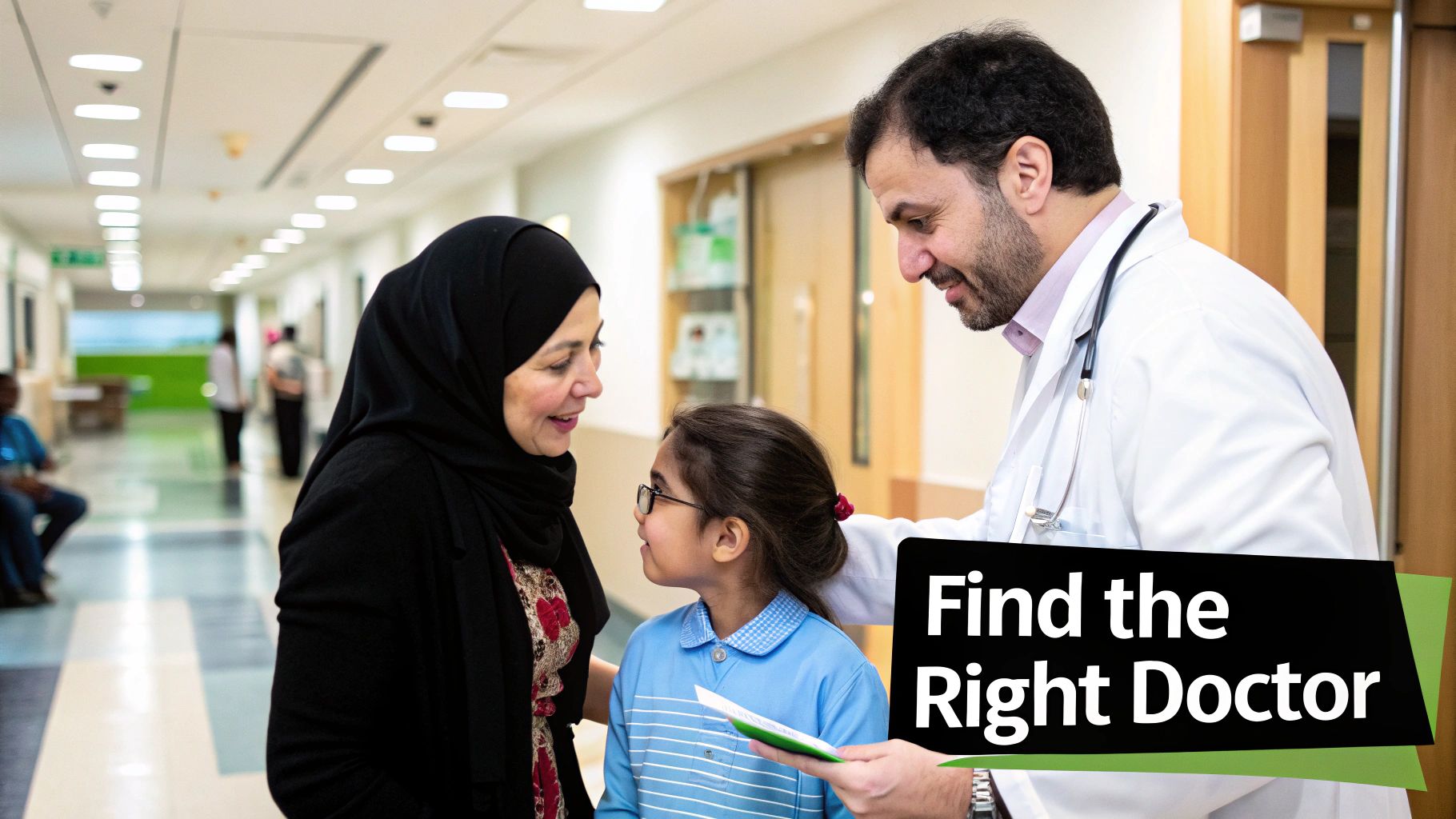 Finding a Pediatric Neurologist Dubai 4 A pediatric neurologist and a parent smiling while looking at a child's drawing in a welcoming clinic office.