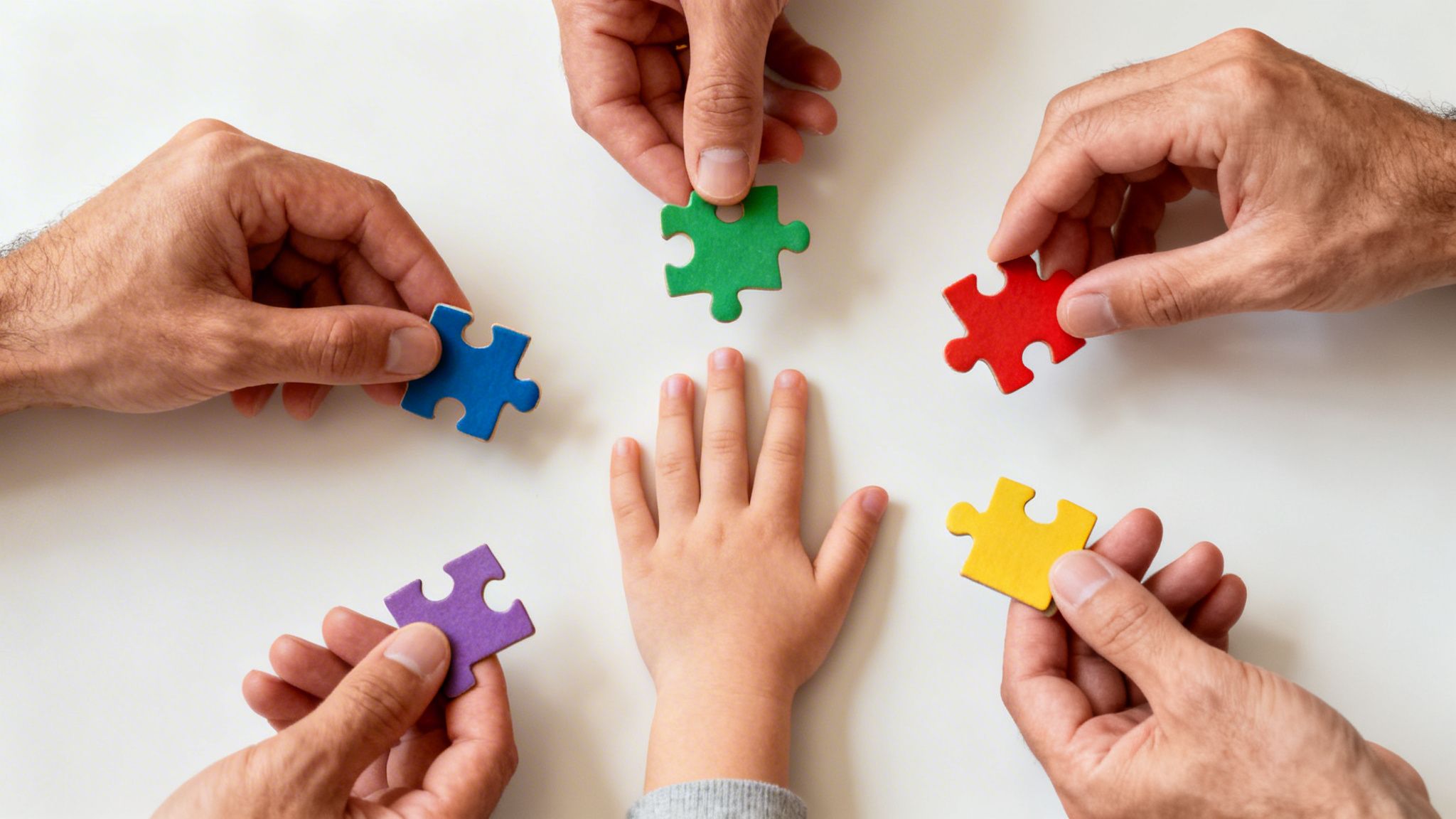 Adult hands offering colorful puzzle pieces to a child's hand, symbolizing support and development.