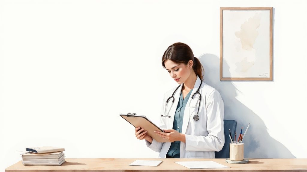 A female doctor in a white coat and stethoscope intently reviews patient documents at her desk.