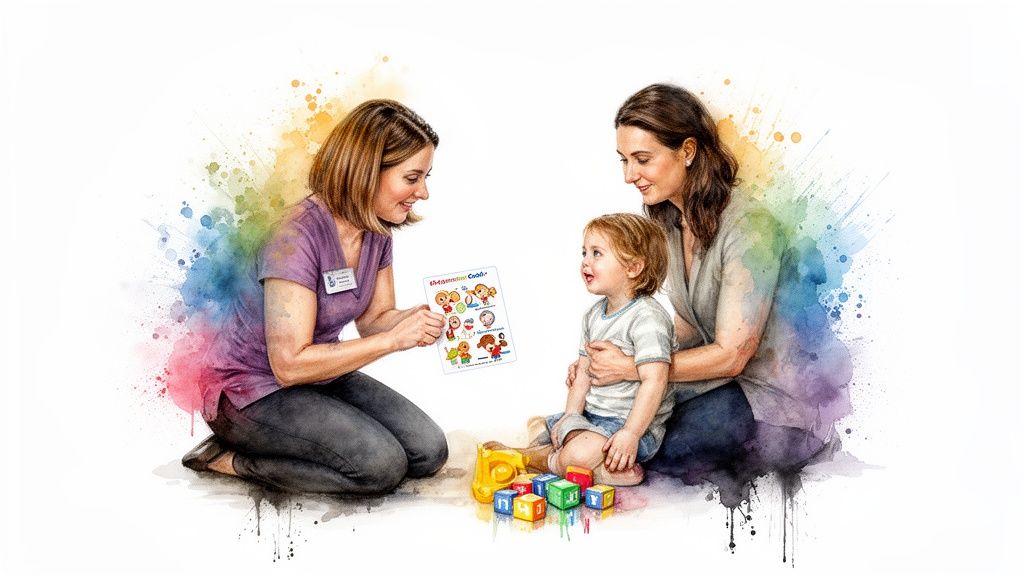 A speech therapist, mother, and child engage in a speech therapy session with colorful splashes.