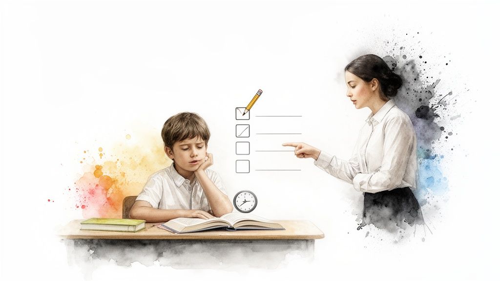 A Parent's Guide to ADHD Treatment in Dubai 2 A student looks overwhelmed at his desk with an open book, while a teacher points to a checklist.