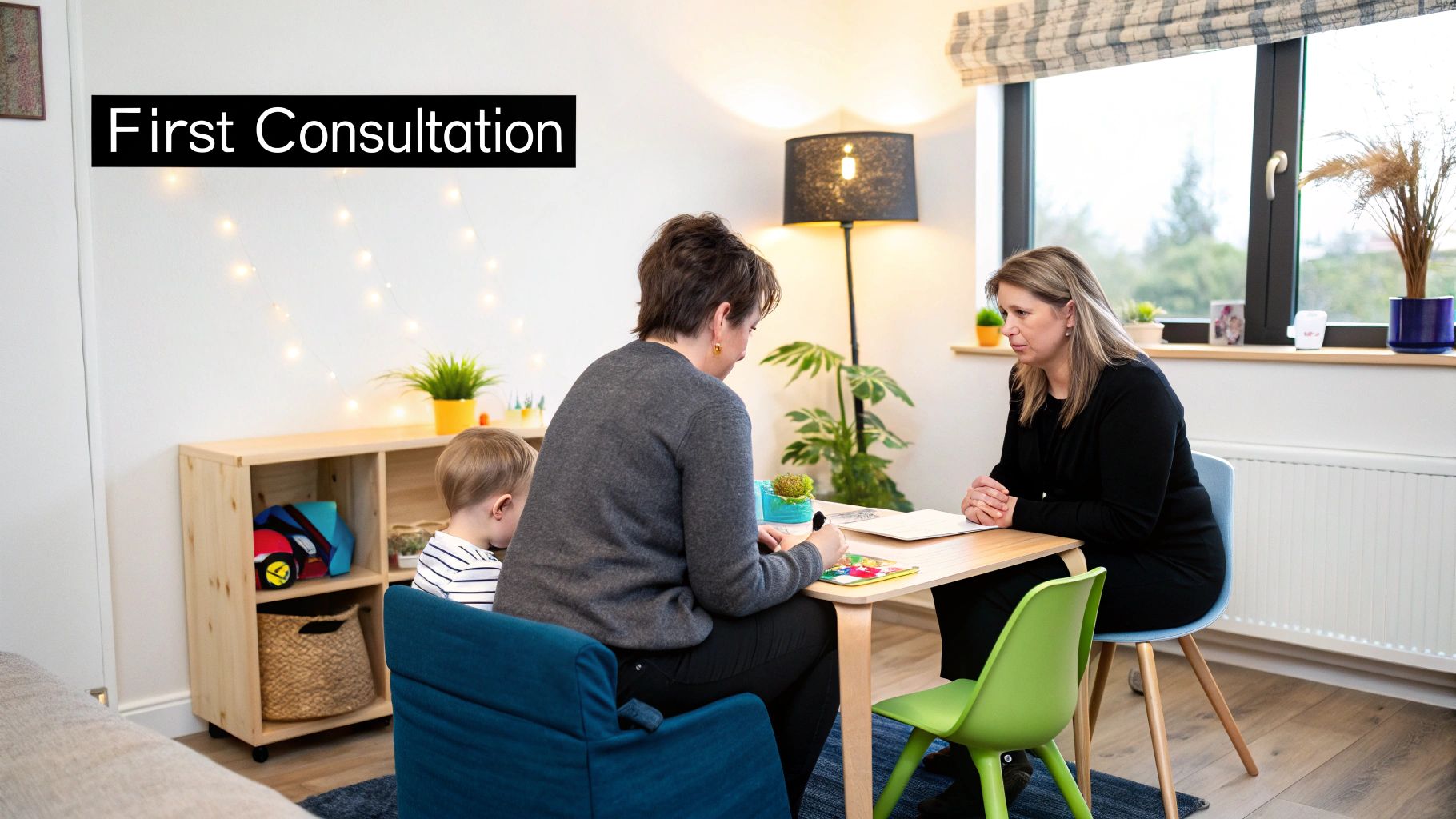 A caring speech therapist has a friendly and productive consultation with a parent in a welcoming office setting.
