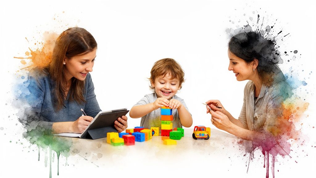 A child happily plays with blocks between two women, one writing on a tablet and one holding brushes, with watercolor accents.
