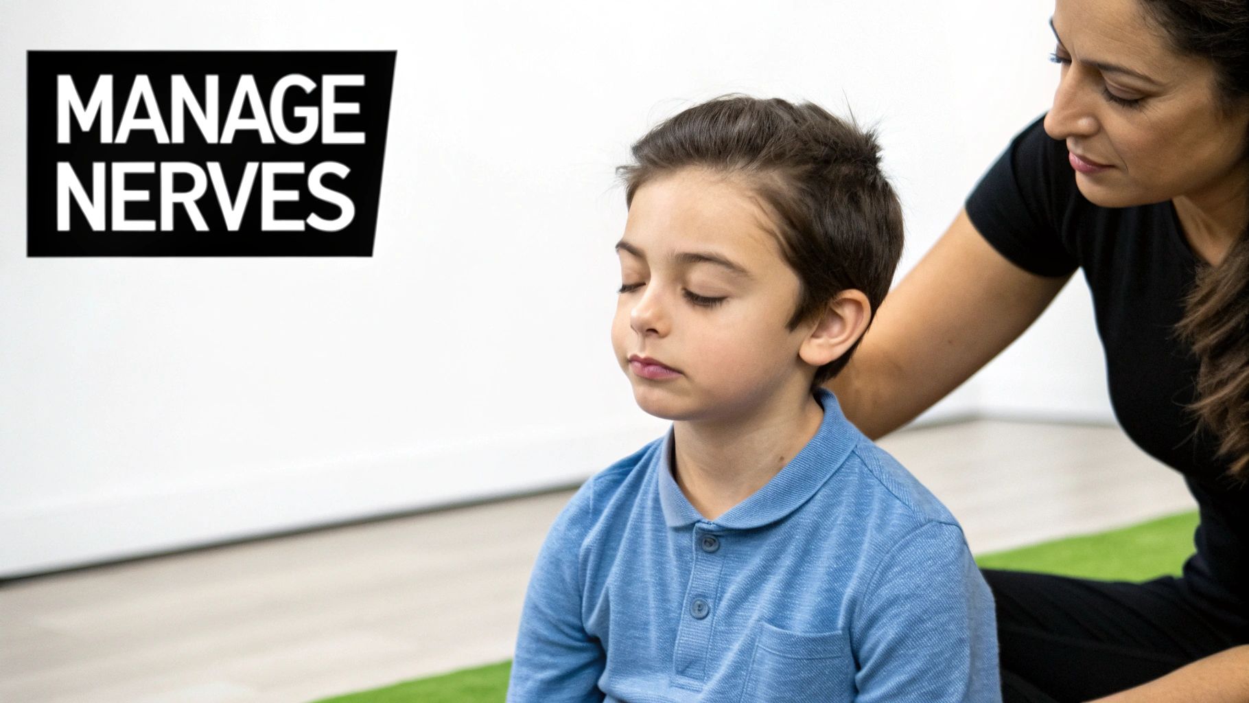 A young boy taking a deep breath and looking calm before speaking.