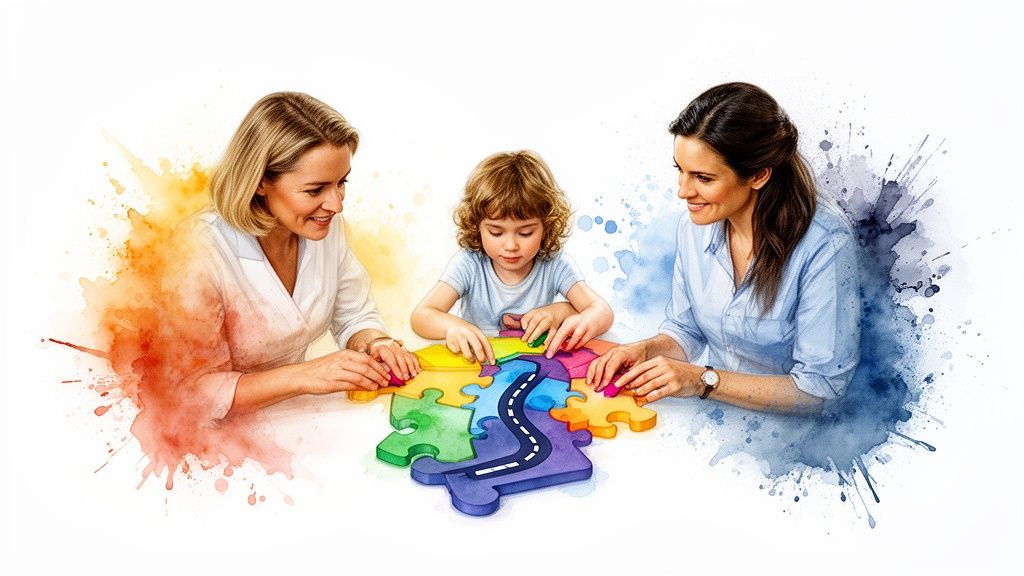 Smiling women and a child joyfully assemble a colorful road puzzle together on a white background.