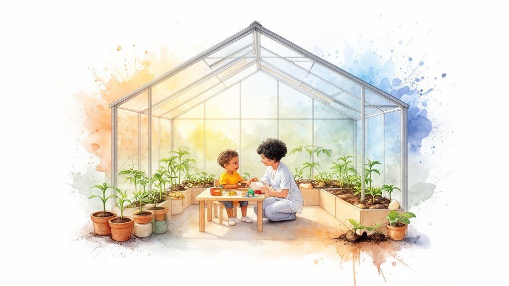 A Parent's Guide to Choosing the Right Early Childhood Centre 1 Watercolor illustration of a woman and child playing in a bright greenhouse with many plants.