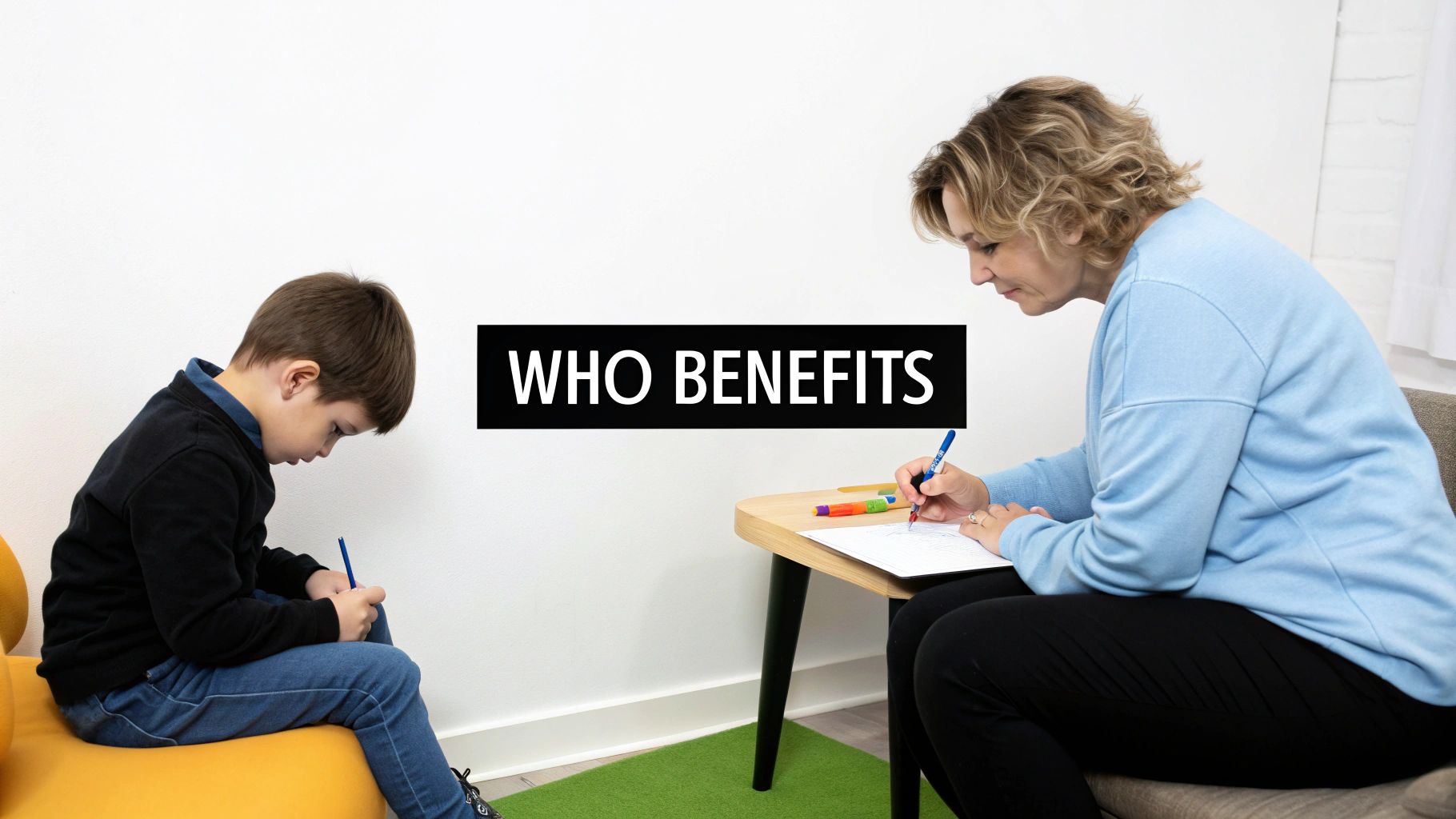 An occupational therapist guiding a young child through a playful, skill-building activity.