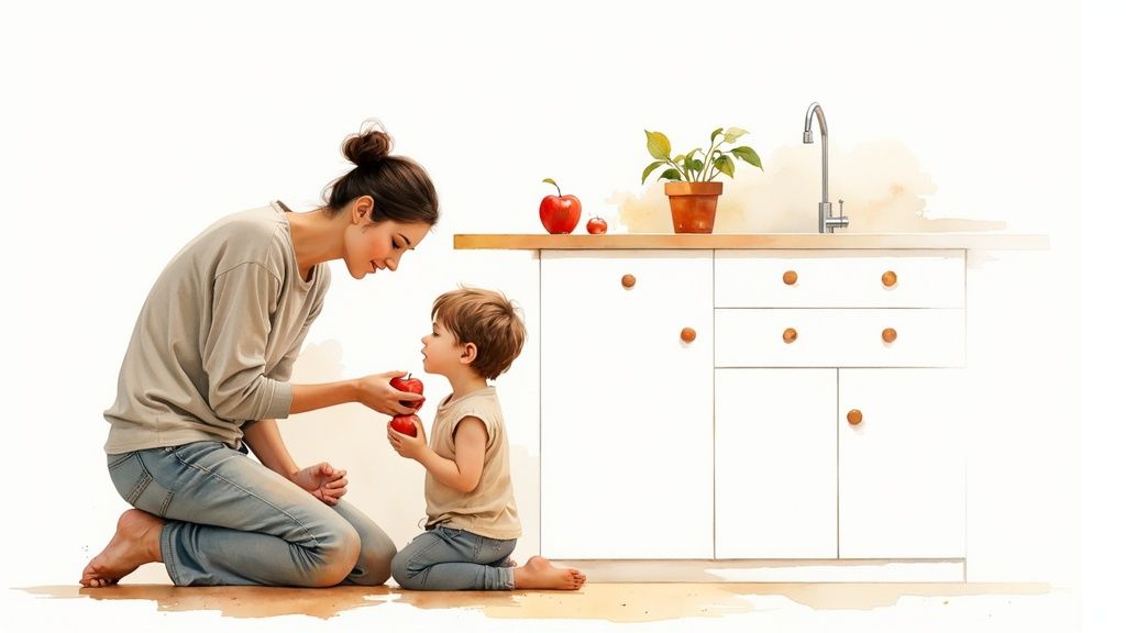 A loving mother kneels, offering red apples to her young son in a bright kitchen.