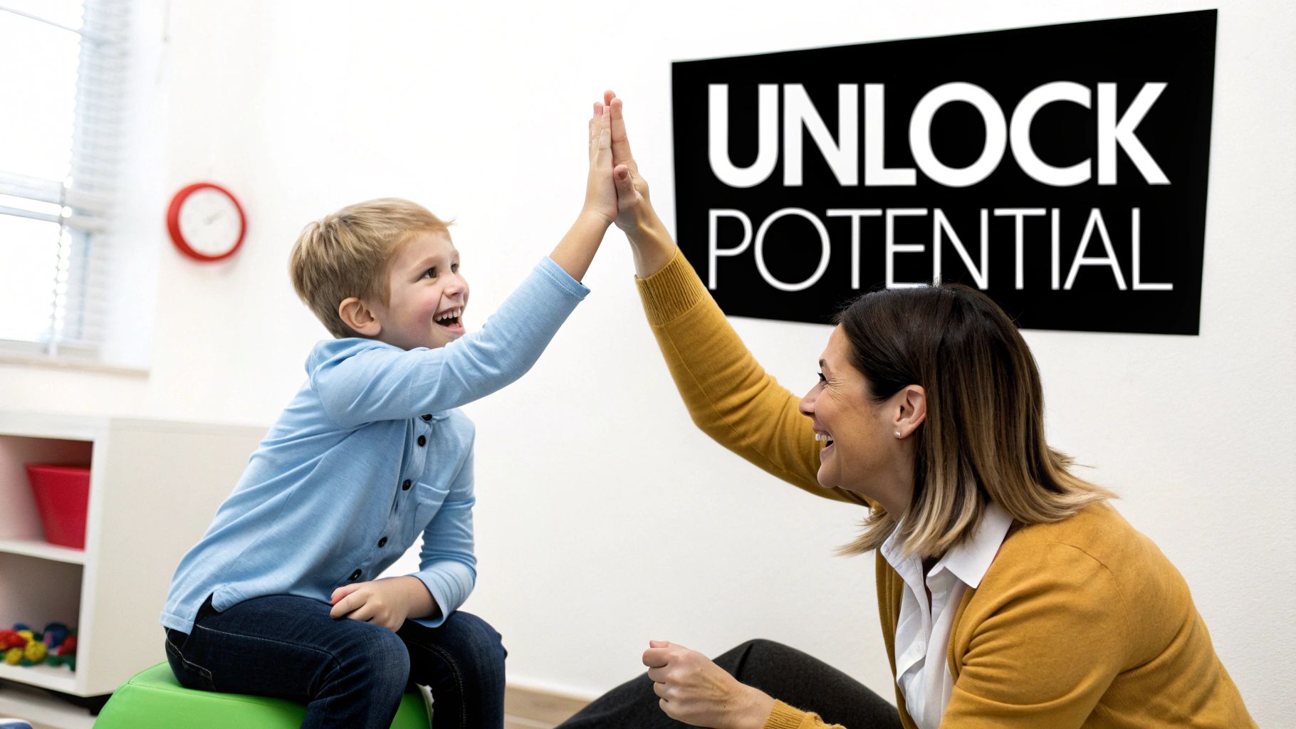 A mother and father kneeling and smiling at their young child, who is happily playing with colourful blocks on the floor in a bright, sunlit room.